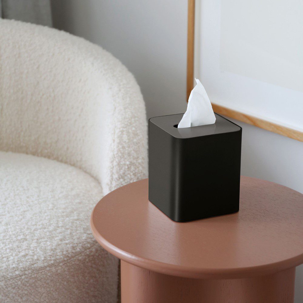 DESIGNSTUFF Square Tissue Box with Metal Lid - Black & Brushed Steel | Modern Home & Office Decor | Perfect for Living Room, Bathroom, or Desk Organization