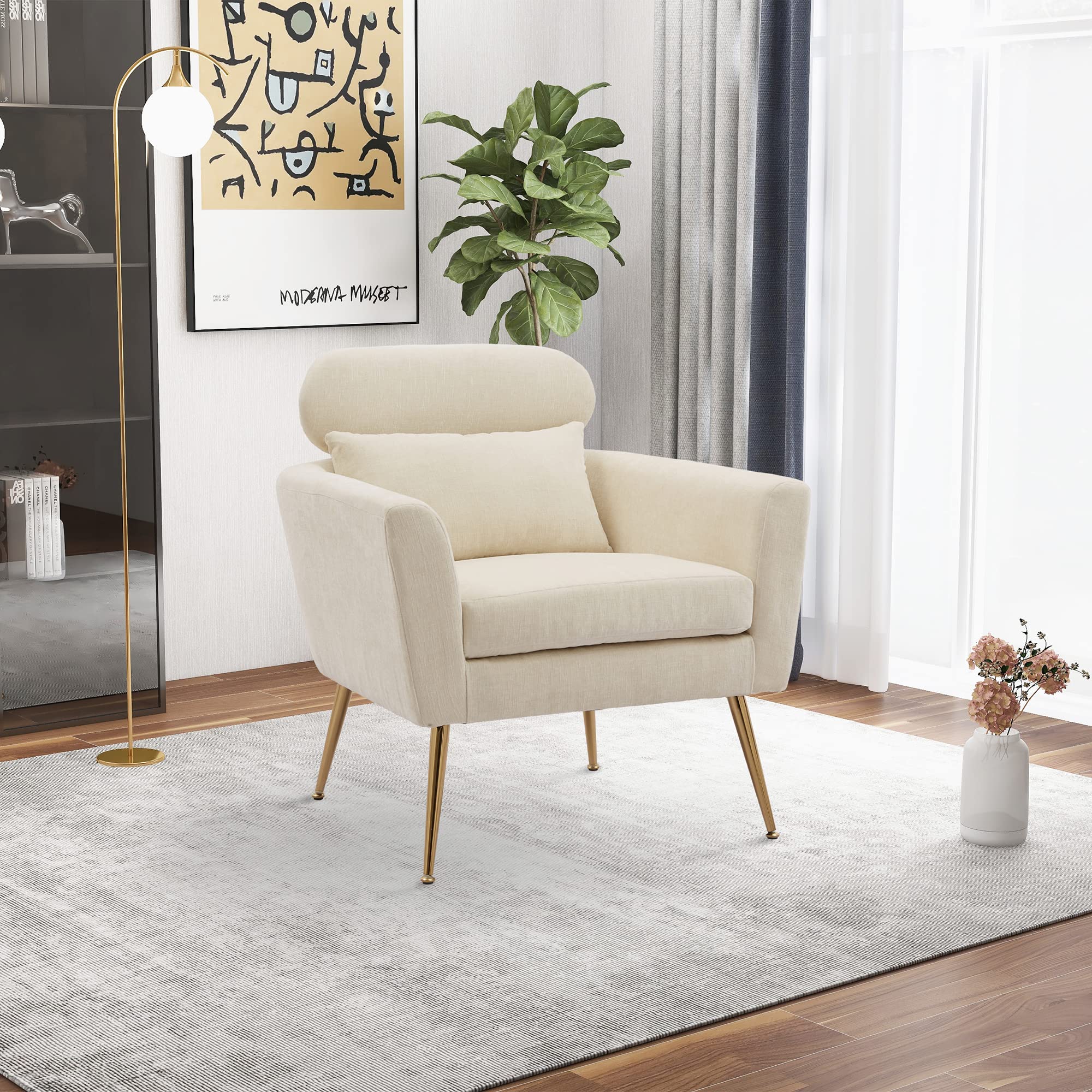 Yoluckea Modern Accent Club Chair - Upholstered Chenille Reading Armchair with Metal Legs & Throw Pillow for Living Room, Bedroom, or Office (Beige) | Comfortable Lounge Chair for Relaxing, Reading & Leisure Time