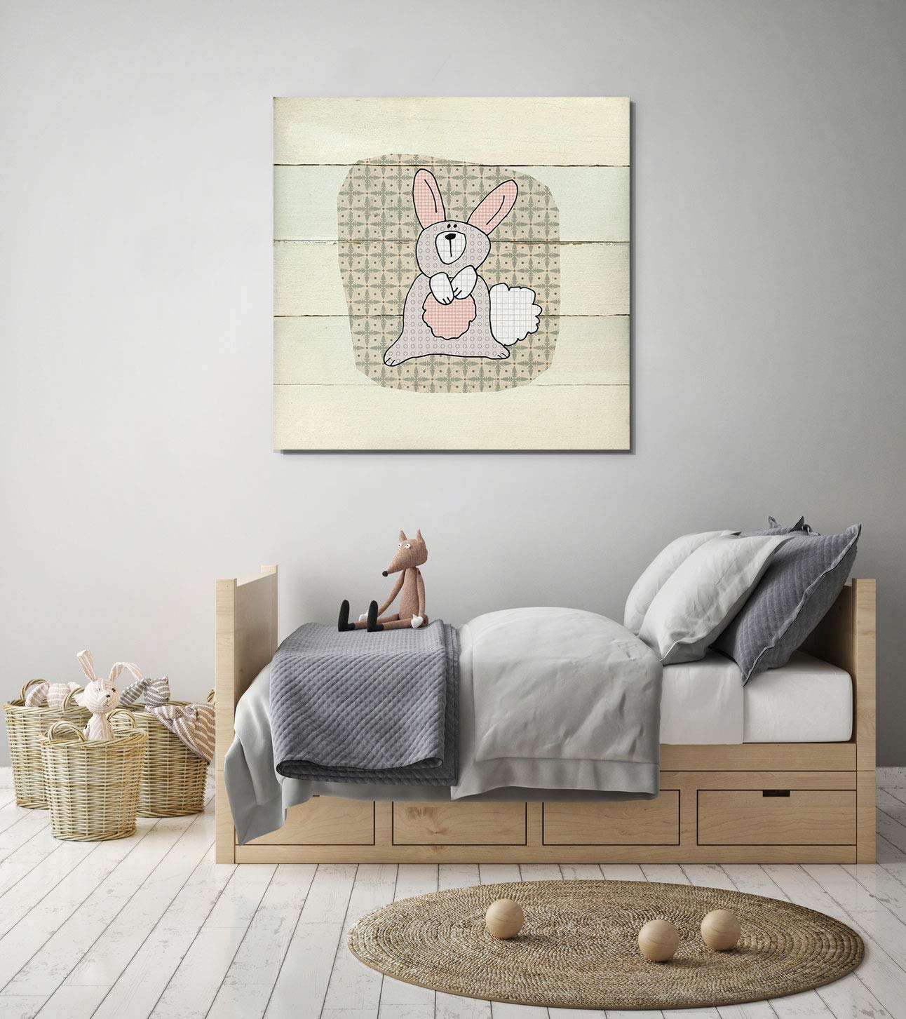 Woodland Creatures Rabbit Wall Art - 32x32 Inch Nursery Decor, Kids Room & Playroom Animal Themed Painting | Perfect for Baby Shower Gifts & Children's Bedroom Decoration