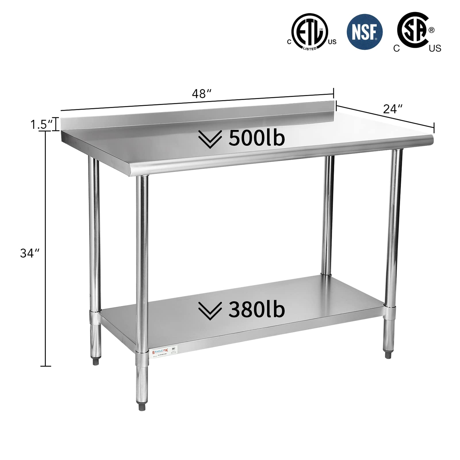 STABLEINK NSF Certified Stainless Steel Work Table 24x48 Inches - Commercial Kitchen Prep Table with Adjustable Undershelf, Backsplash & Leveling Feet - Ideal for Restaurants, Food Prep, Catering & Commercial Kitchens
