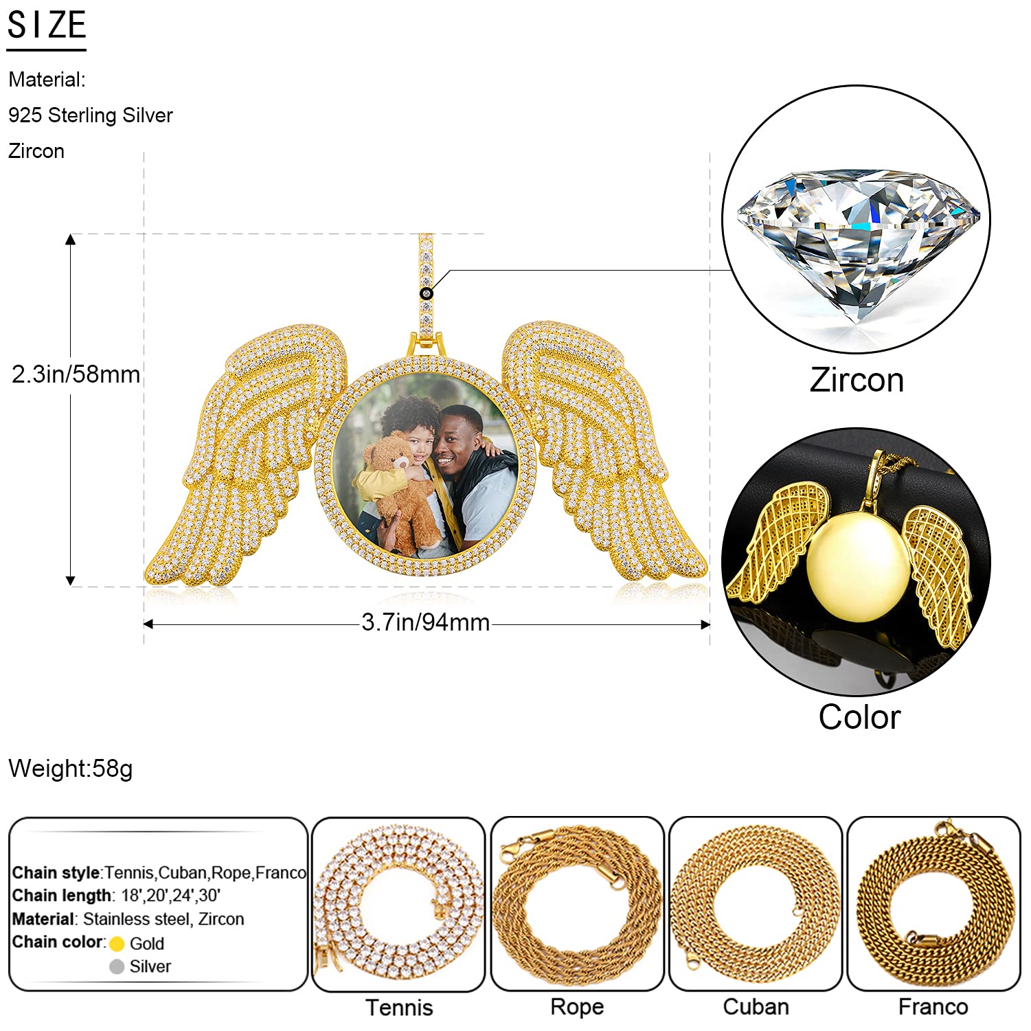 925 Sterling Silver Angel Wings Photo Necklace - Custom Personalized Picture Pendant for Men & Women - Memorial Keepsake Jewelry - Perfect Birthday Gift for Loved Ones (Great for Anniversaries, Memorials & Special Occasions)