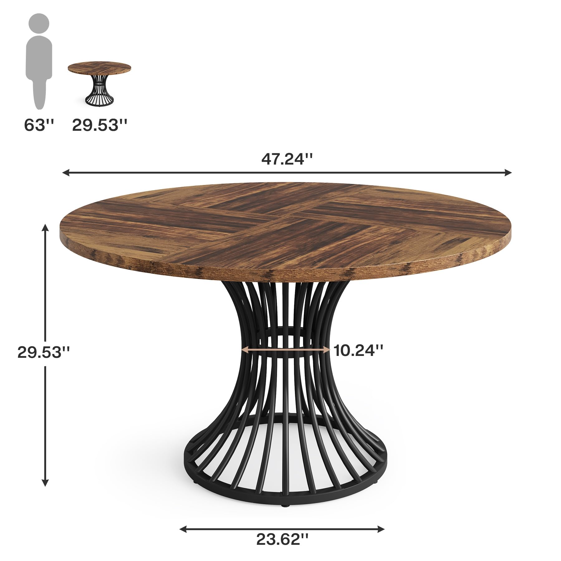 Tribesigns 47-Inch Round Dining Table for 4-6 People, Farmhouse Kitchen Table with Metal Base, Industrial Style Circle Dinner Table for Kitchen, Living Room, Dining Room - Black and Brown Finish, Perfect for Family Meals and Entertaining Guests