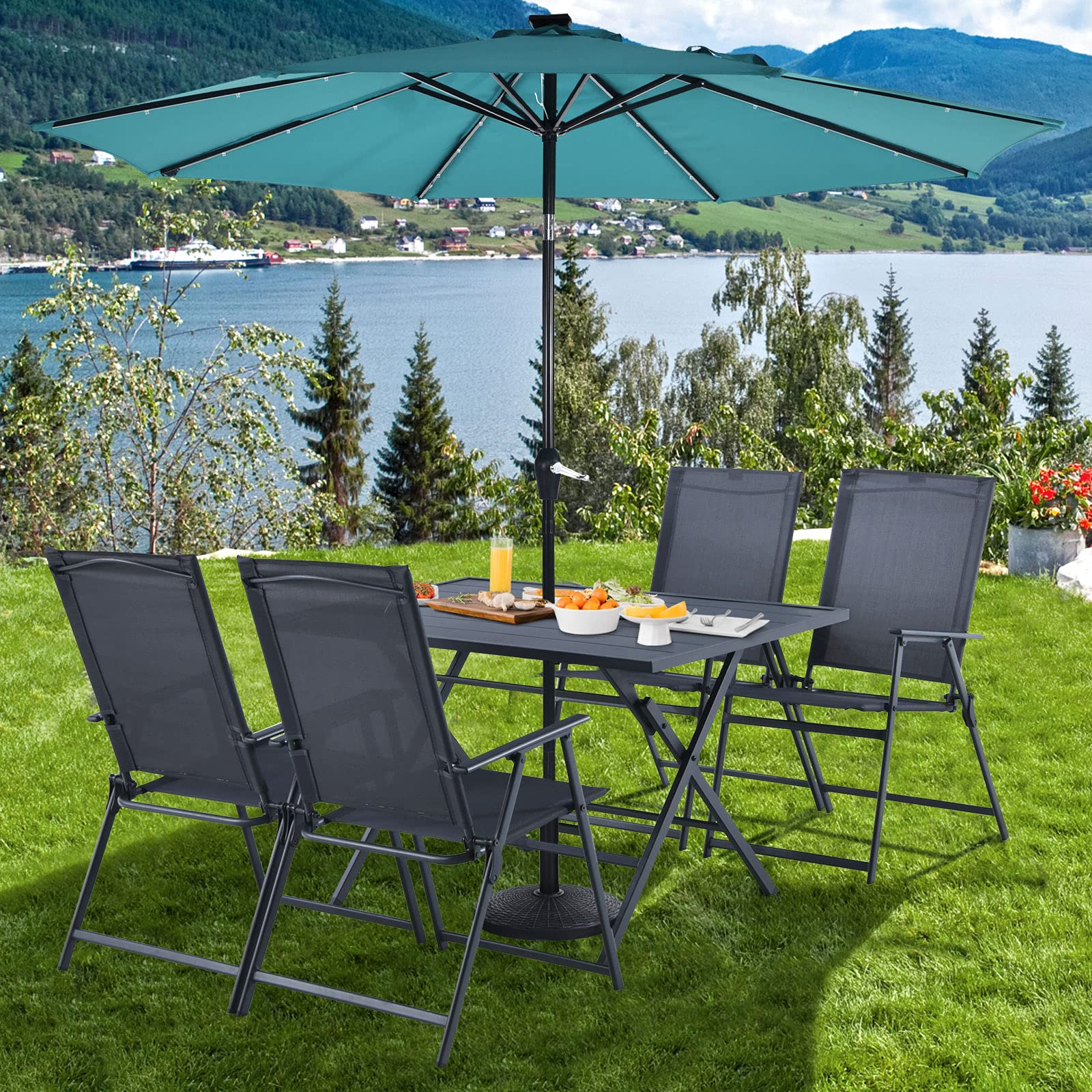 Tangkula 5-Piece Patio Dining Set - No Assembly Required Outdoor Furniture with 4 Armchairs & 1 Table, Folding Chair Set with 1.5