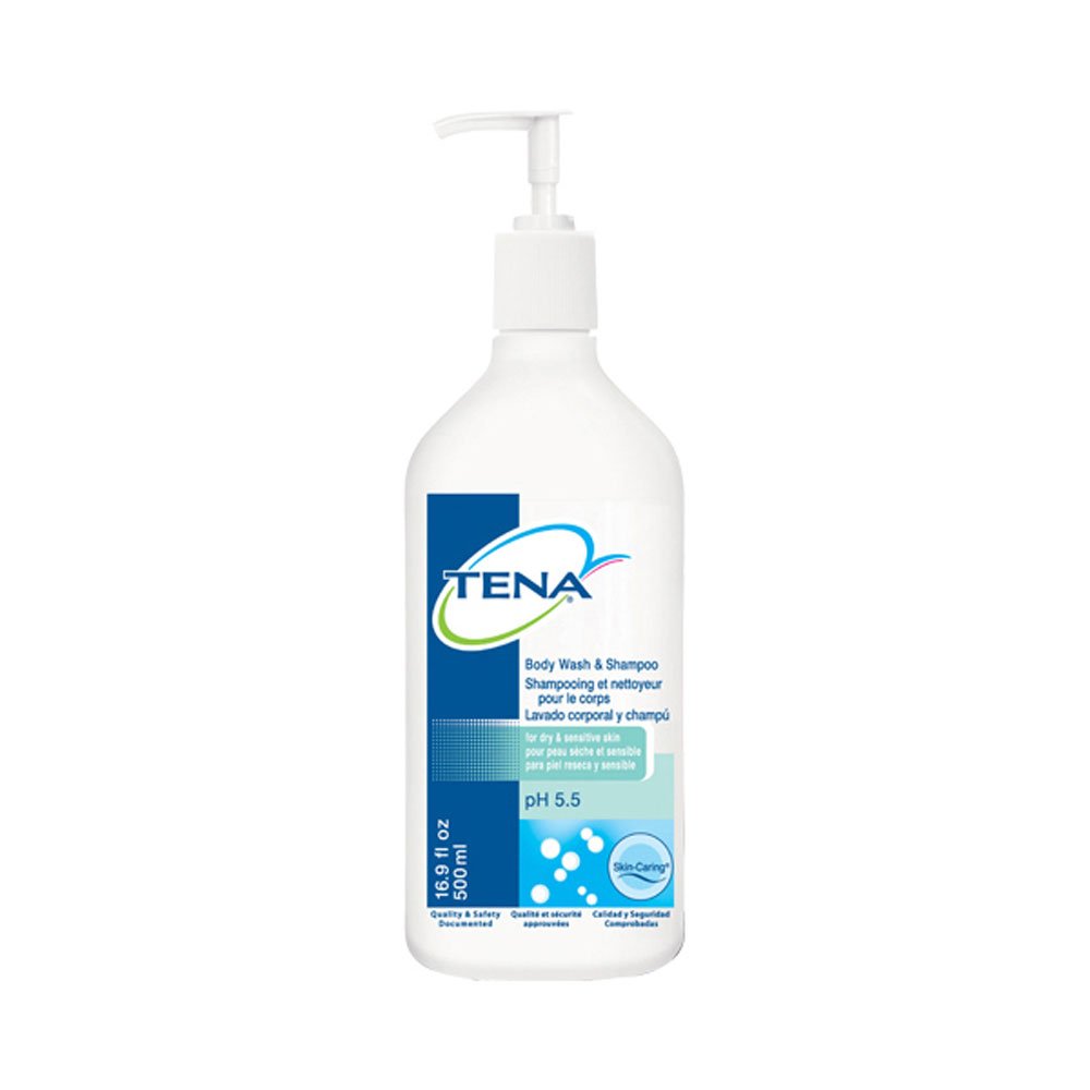 Tena 64365 Body Wash & Shampoo in Pump Bottle - 16.9 oz (10 Pack/Case) - Gentle Cleansing for Sensitive Skin - Ideal for Home Care & Hospital Use