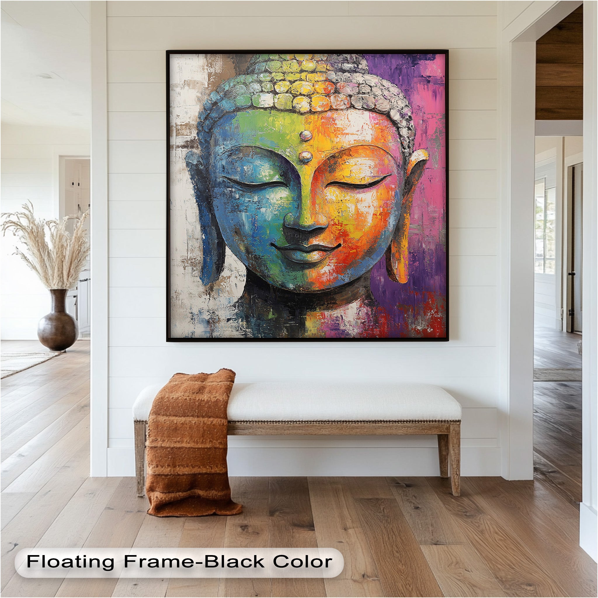 Vibrant Buddha Wall Art - Hand-Painted Religious Oil Canvas Painting for Meditation Room & Home Decor