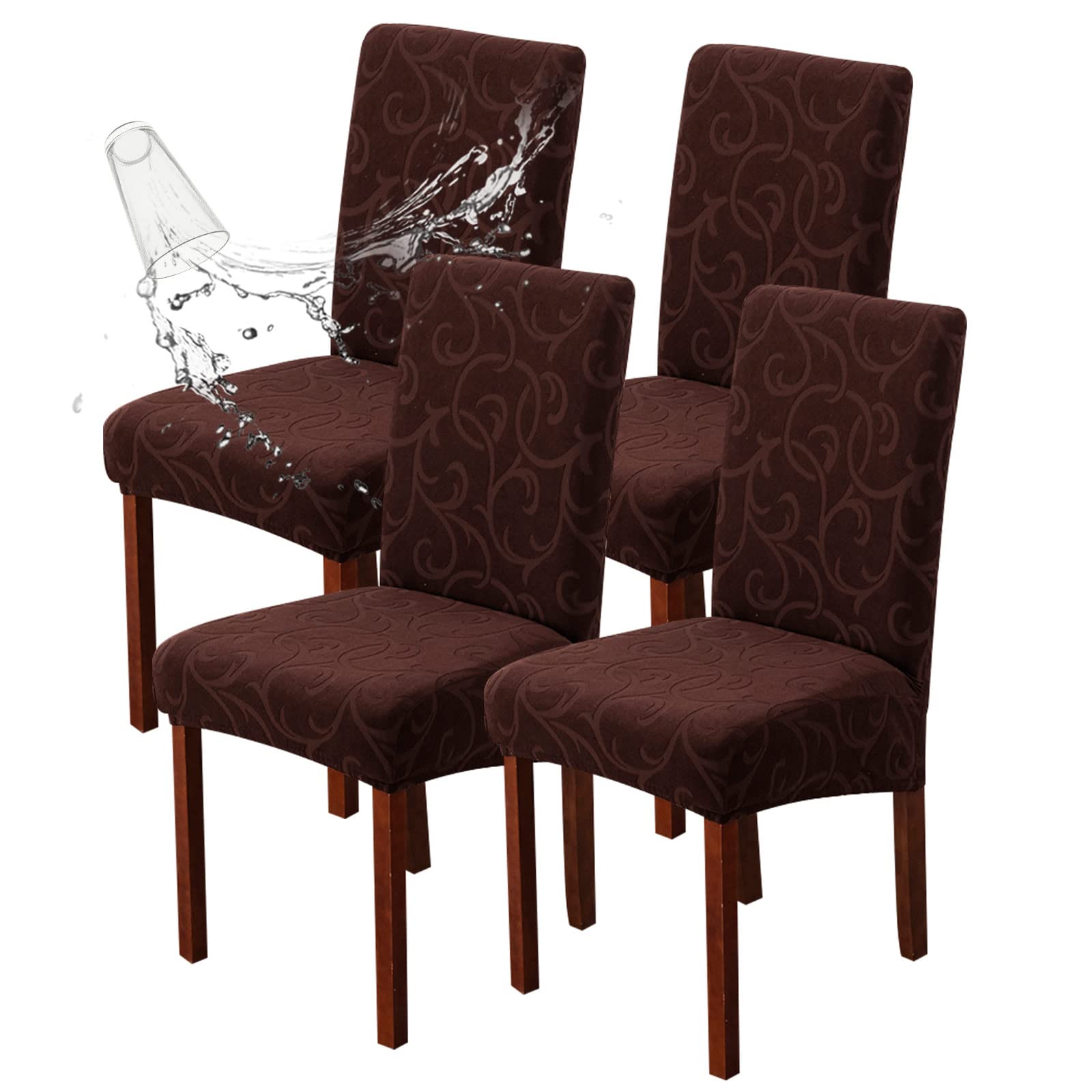 Waterproof Stretch Parsons Chair Slipcovers - 4 Pack Washable Dining Room Chair Covers with Floral Chocolate Pattern, Removable Kitchen Seat Protectors for Home, Restaurant & Outdoor Use