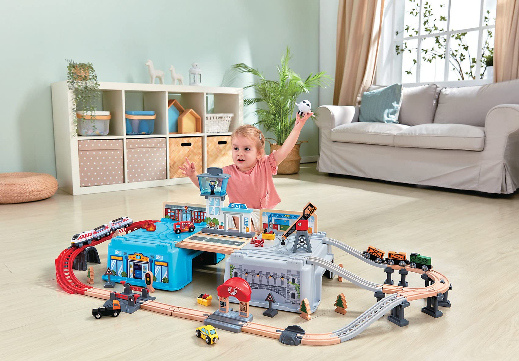 Hape Super Cityscape Transport Bucket Set - Wooden Train Toy with City Scenes, Airplane & Battery-Powered Engine for Kids Ages 3+ | Pretend Play, Early Learning & Interactive Fun for Toddlers