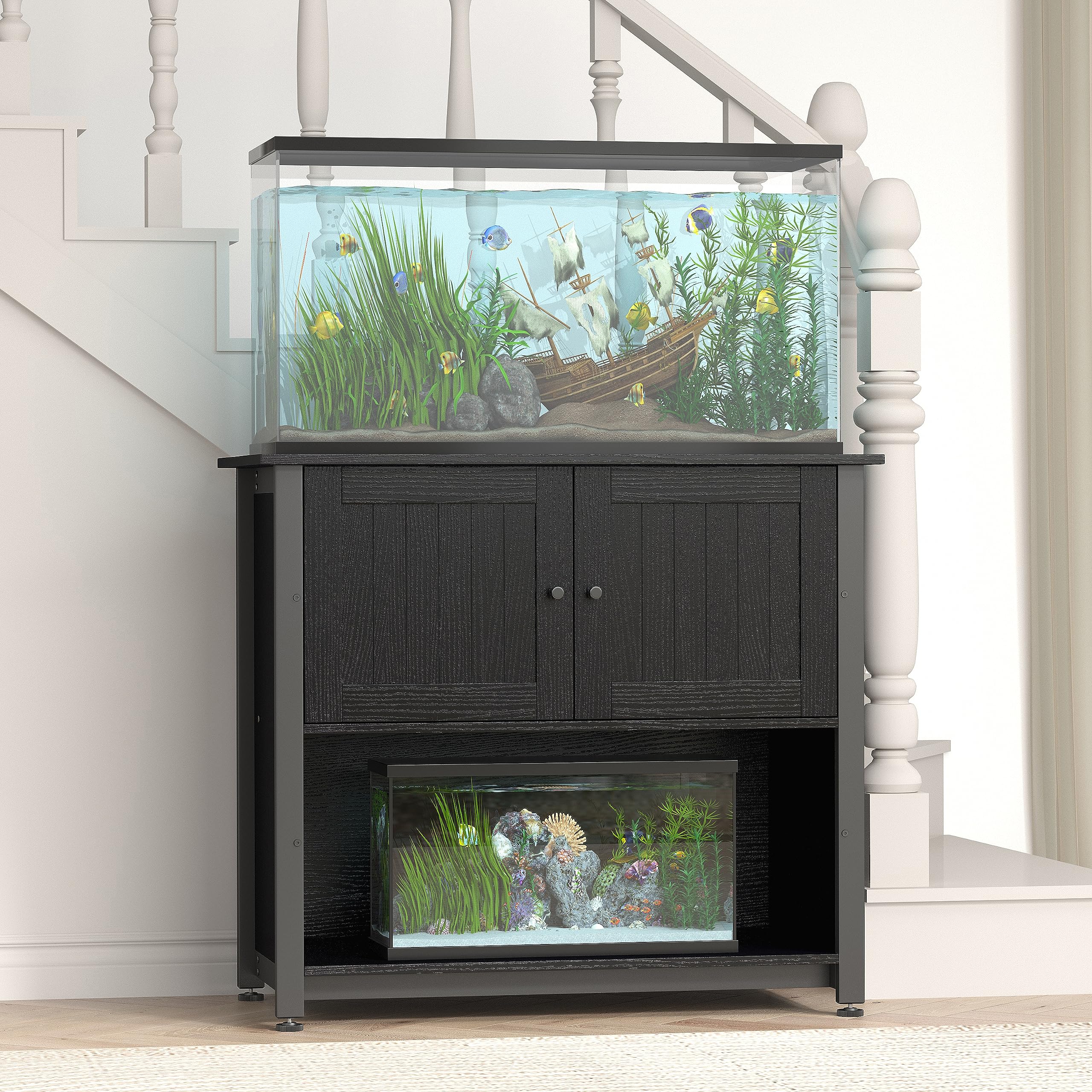 Tatub 40-50 Gallon Fish Tank Stand with Cabinet - Heavy Duty Metal Aquarium Stand for Reptile Tanks & Turtle Terrariums - 1000LBS Capacity, Storage for Accessories, Fits 2 Aquariums - Black | Perfect for Home, Office & Pet Store Displays