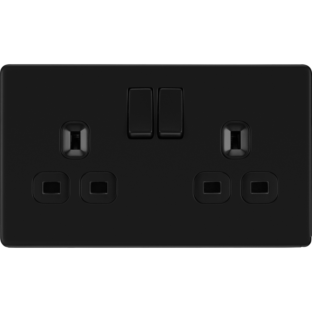 BG Flatplate Screwless Matt Black 13A Double UK Power Socket Outlet - Modern Electrical Wall Socket for Home, Office & Kitchen Installation
