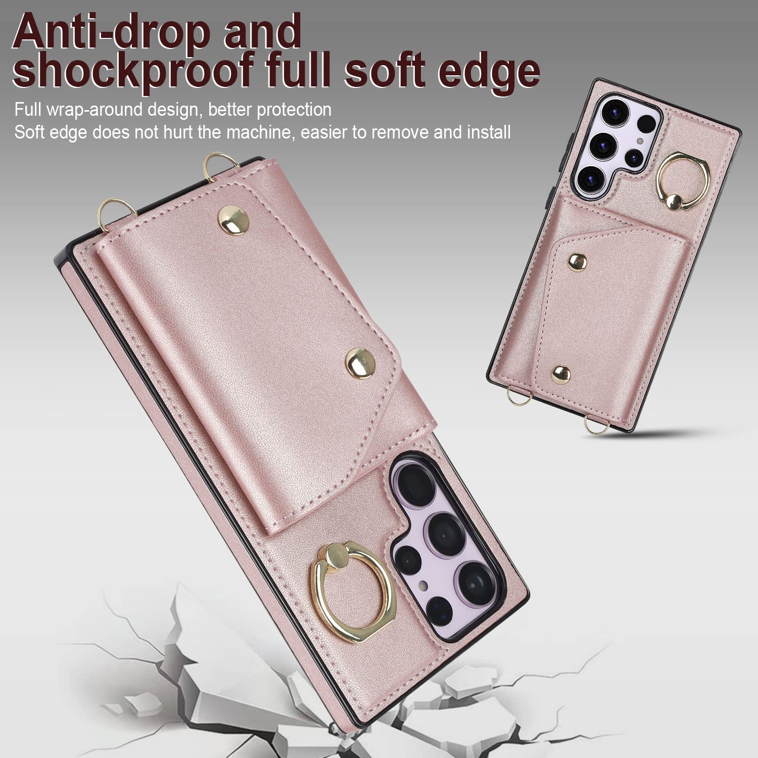 UEEBAI Samsung Galaxy S24 Ultra 5G Wallet Case with Card Slots, Zipper Pocket & Kickstand - Crossbody Phone Purse with Removable Wrist Strap (Rose Gold) - Perfect for Travel, Shopping & Everyday Use