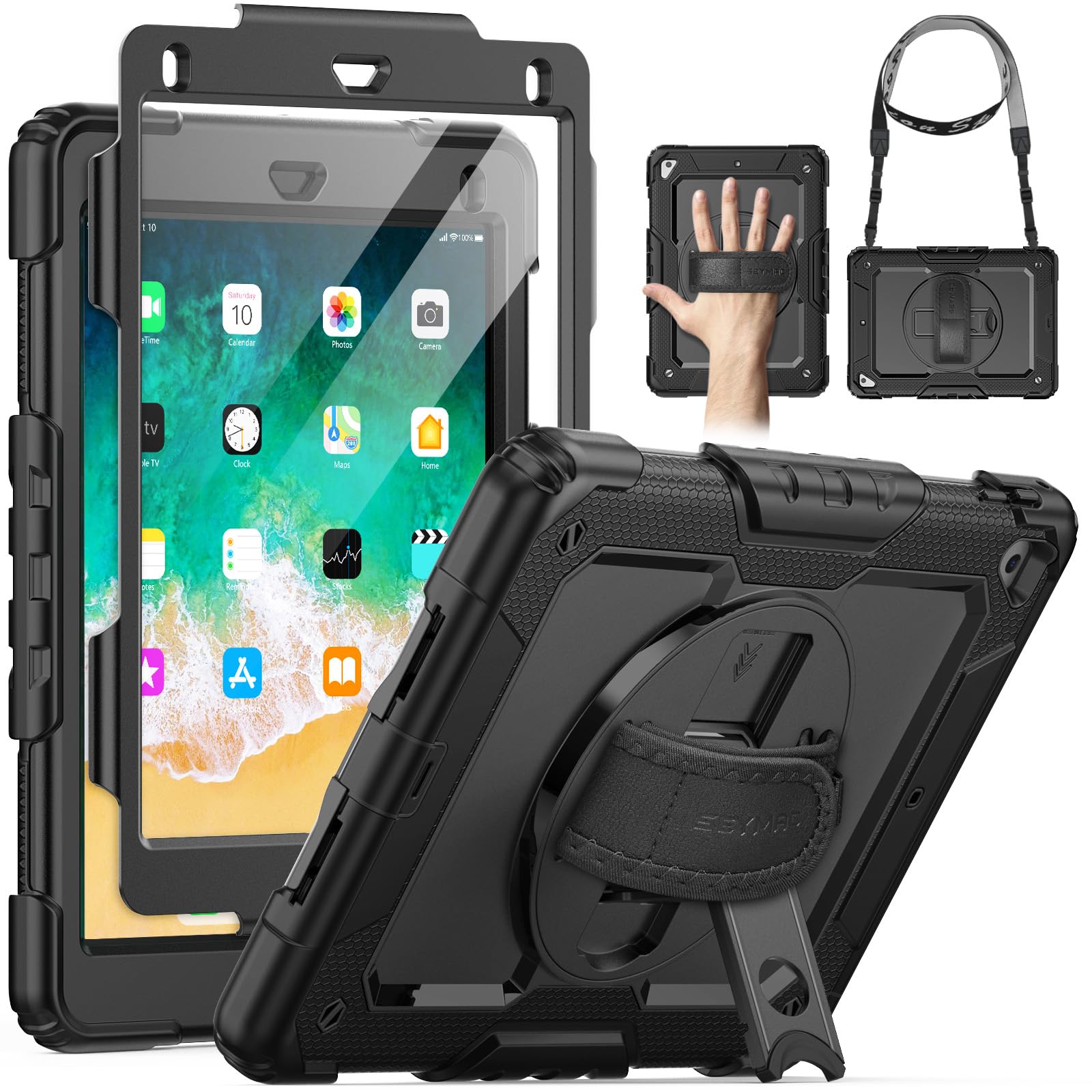 SEYMAC Shockproof Protective Case for iPad Air 2/5th/6th Gen & iPad Pro 9.7 Inch - 360° Rotating Stand with Hand/Shoulder Strap & Screen Protector (Black) | Perfect for Work, Travel & Home Use