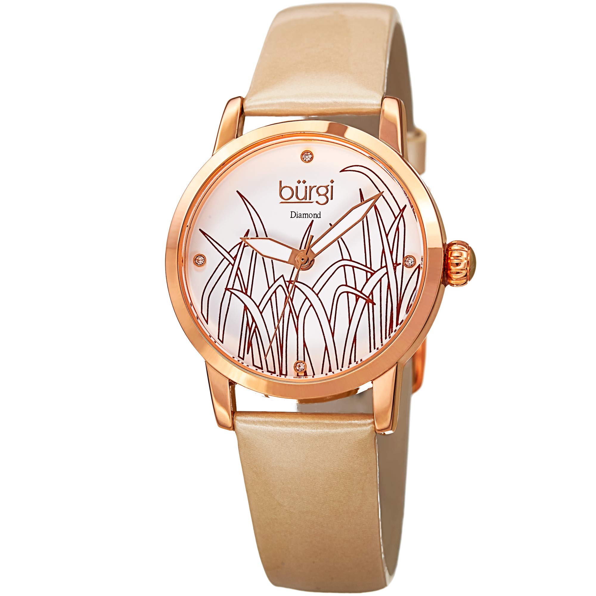 Burgi Diamond Accented Women's Watch - Slim Patent Leather Strap Bracelet - Floral Dial with 4 Genuine Diamonds - Perfect for Office, Date Night & Special Occasions
