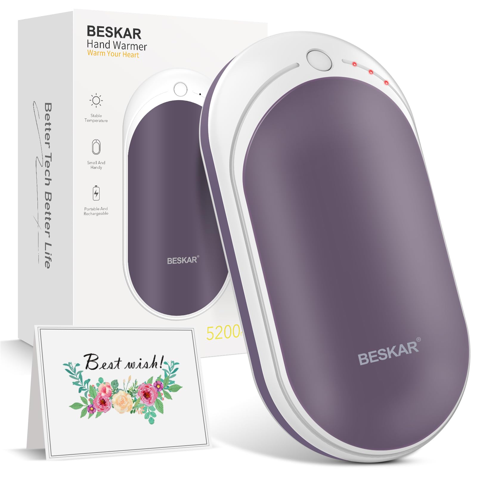 BESKAR Rechargeable Electric Hand Warmer 2 Pack - Portable Hand Warmers for Winter, Outdoor Activities, Camping & Hiking - Fast Heating USB Handwarmer Gift Set