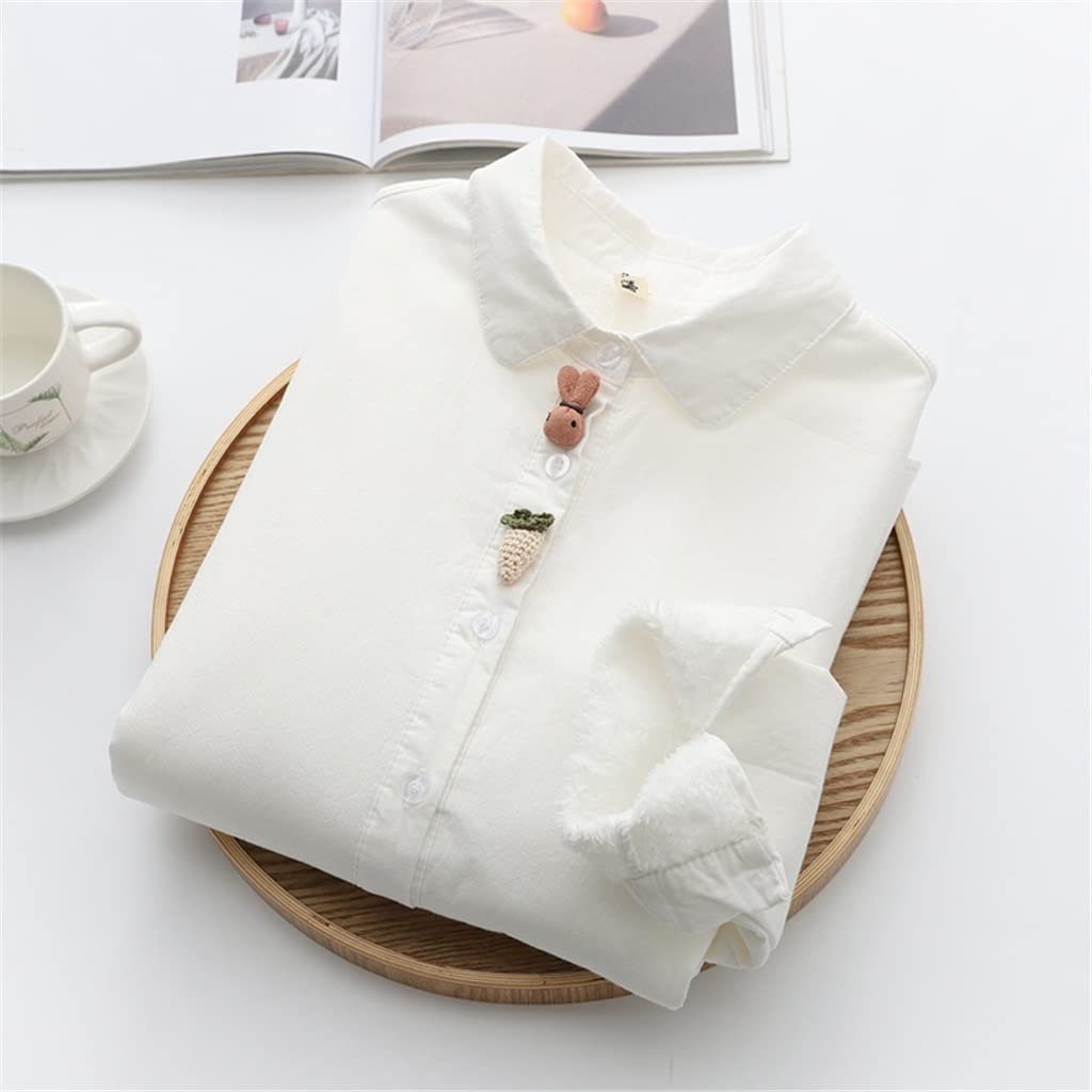 Women's Korean Style Cotton Fleece-Lined Winter Shirt - Warm Loose Padded Blouse for Casual Wear (White, Size S) | Perfect for Office, Dating & Winter Outfits