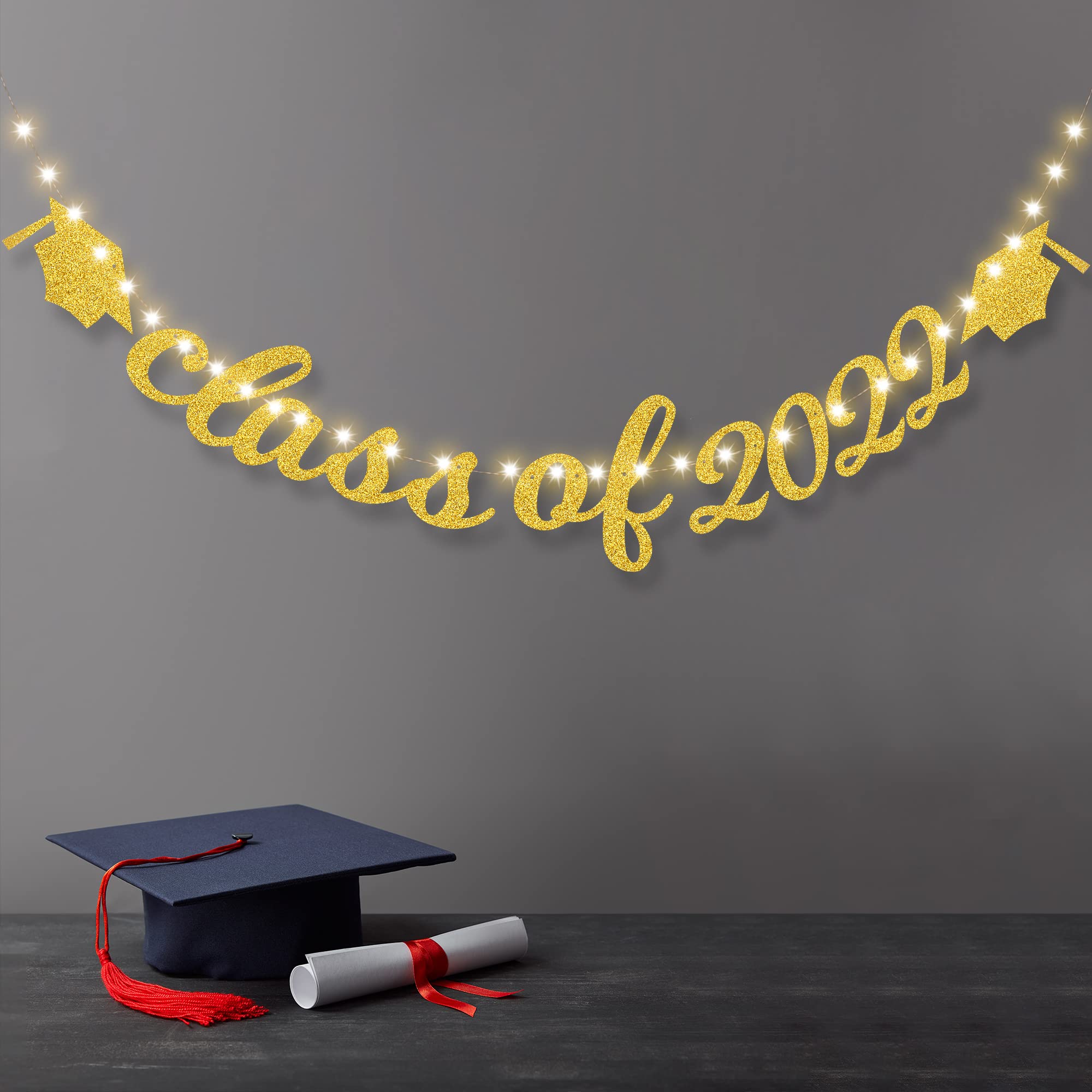 2022 Graduation Party Decorations - Class of 2022 Glitter Banner with 8 Modes LED String Lights | Congratulations Grad Decor Supplies in Gold | Perfect for Graduation Ceremonies, Parties & Photo Backdrops