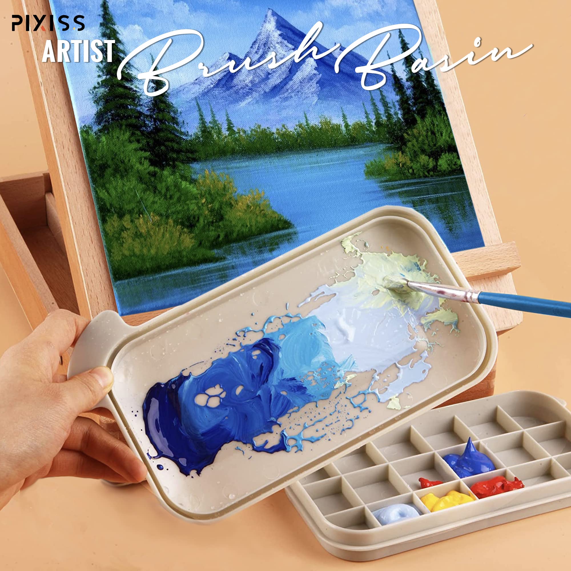 Pixiss Paint Brush Cleaner Basin - Professional Brush Rinser & Holder for Acrylic Painting with 4oz Cleaning Solution & 10 Brushes - Perfect for Artists, Hobbyists & DIY Projects