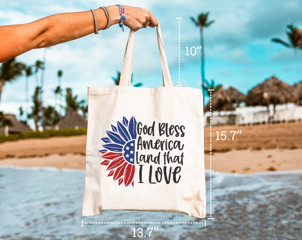 God Bless America Land That I Love Canvas Tote Bag - Reusable Grocery Shopping Bag for Women with Sunflower Design - Perfect for Farmers Market, Beach Trips & Everyday Use