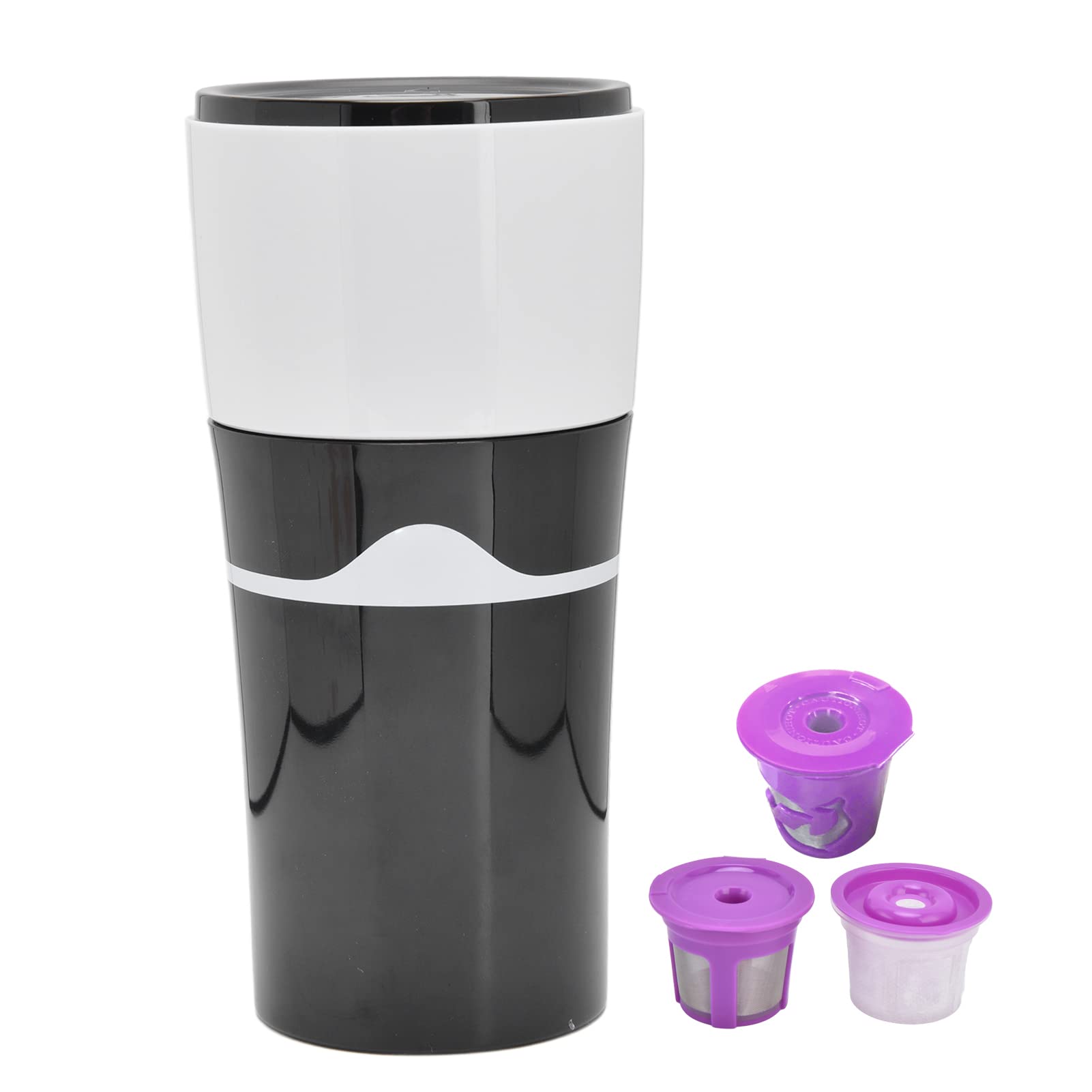 Portable Drip Coffee Maker for Travel - Reusable K Cup Compatible Coffee Machine with Capsules, Lightweight Camping Coffee Brewer for Outdoor, Office & Home Use (Black & White)