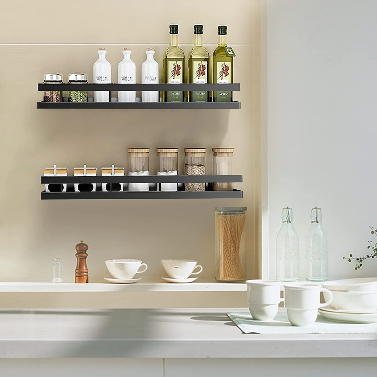 MFS Craft World 2-Pack Spice Rack Organizer Set - Wall Mounted & Cabinet Storage Shelf for Kitchen, Countertop - Space Saving Spice Shelf for Pantry Organization (Black, Carbon Steel) - Perfect for Small Kitchens & Apartment Living