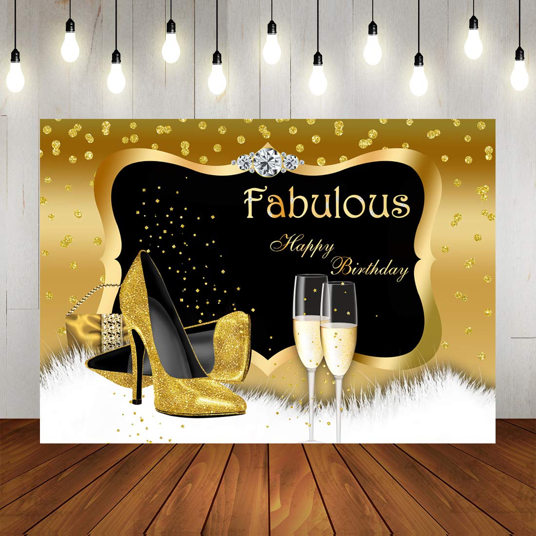 Golden Birthday Party Photo Backdrop for Women - Shiny Diamond Dots & High Heels Design - 7x5ft Photography Background for Adult Birthday Decorations, Photo Booth Props, Champagne Celebrations - Perfect for Birthday Parties, Bachelorette Events & Social Media Photos