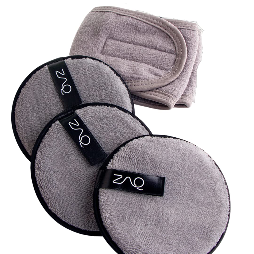 Reusable Makeup Remover Kit with 4 Ultra Soft Microfiber Pads & Adjustable Face Wash Headband | Eco-Friendly, All Natural, Washable | Perfect for Travel, Daily Skincare & Sensitive Skin (Grey)