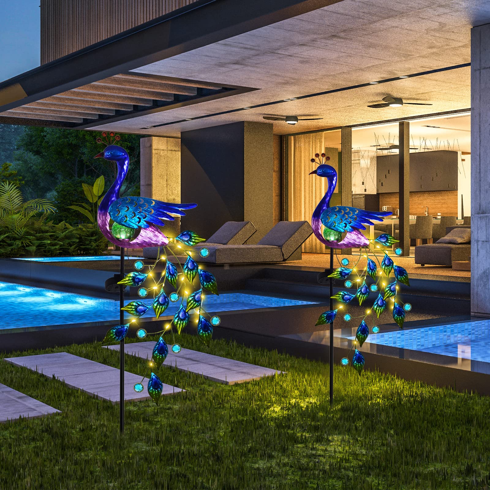 DREAMSOUL Solar Peacock Garden Lights Outdoor - Waterproof Metal LED Stake Lights for Walkway, Patio, Lawn - Solar Powered Landscape Decoration - Perfect for Christmas Gifts, Home & Garden Decor (Set of 6) | Illuminate Your Pathway with Elegant Peacock Design