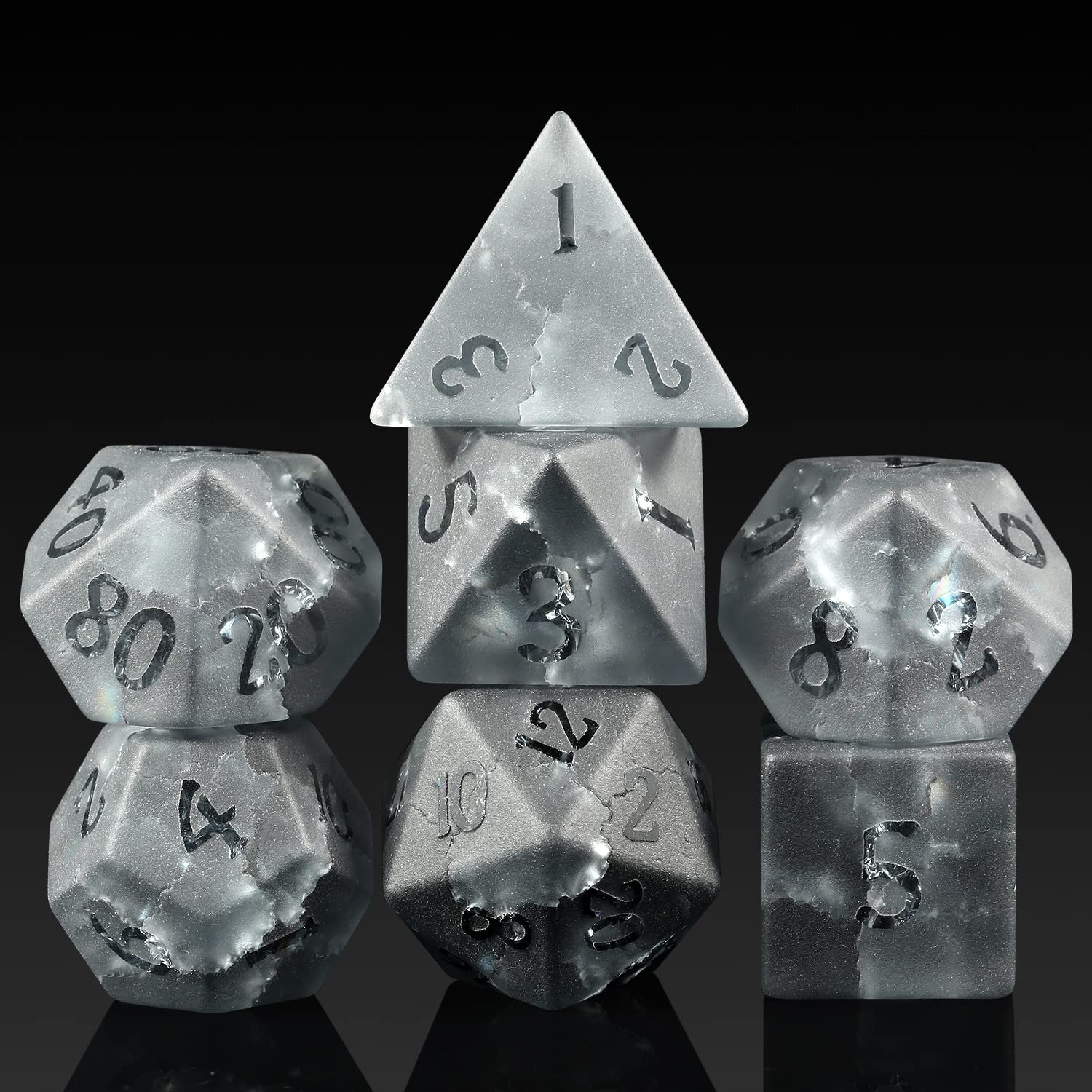 Premium Black Zircon Cracked Glass DND Dice Set - 7-Piece Polyhedral Dice with Raised Numbers for Dungeons & Dragons RPG Tabletop Games | Great Gift for Gamers with Elegant Storage Case | Perfect for D&D Campaigns, Board Game Nights & Roleplaying Adventures