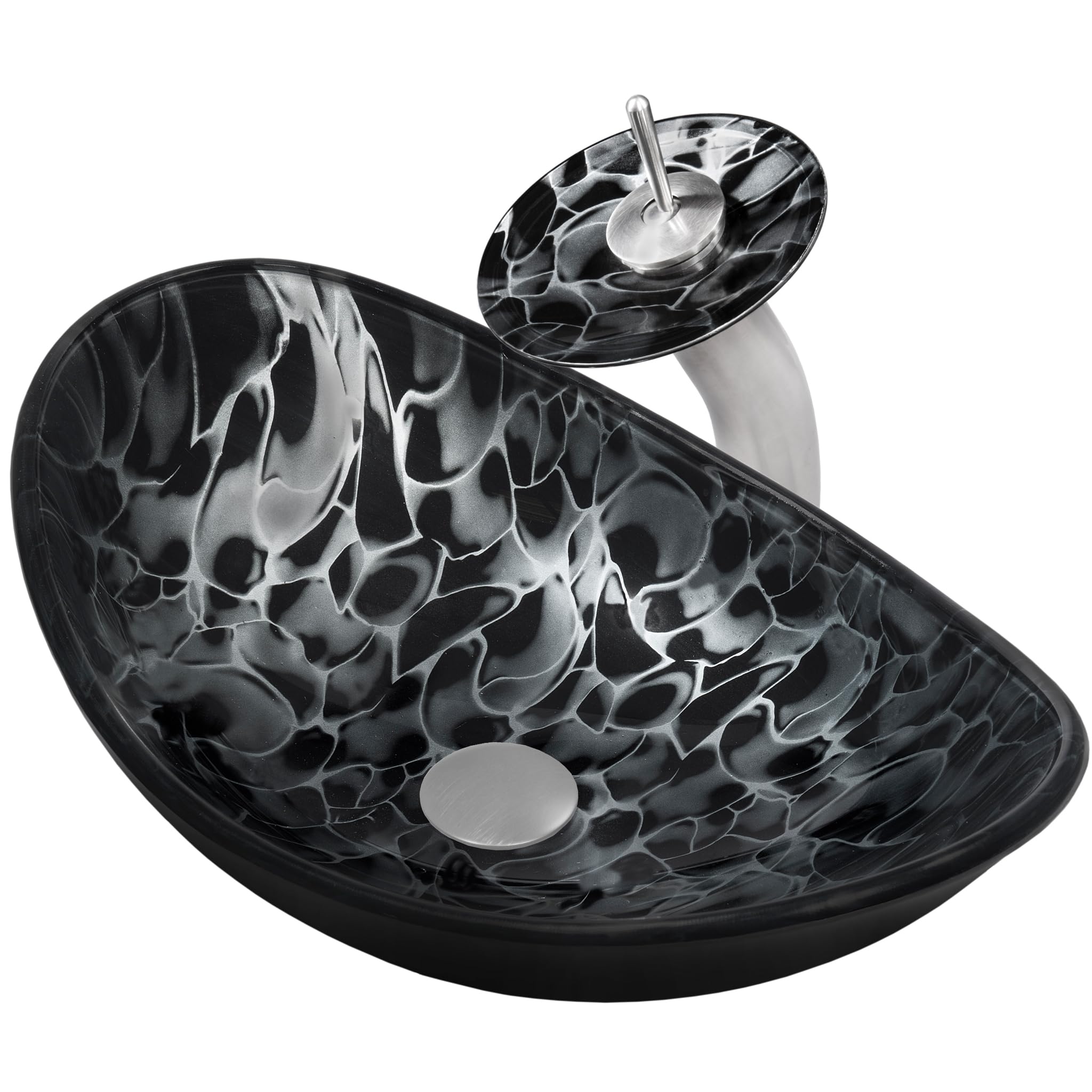 Novatto TARTARUGA Oval Glass Vessel Bathroom Sink Set with Brushed Nickel Faucet - Modern Vanity Sink for Bathroom, Powder Room, and Guest Bath Decor