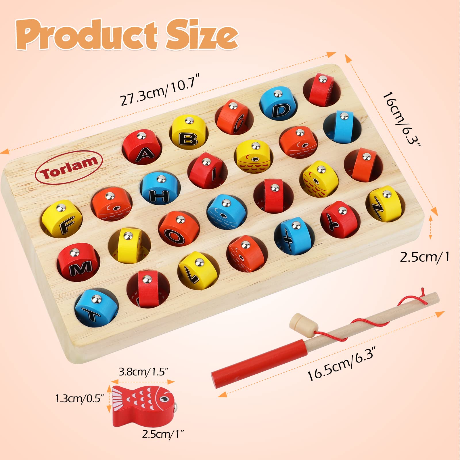 Torlam Magnetic Wooden Fishing Game Toy for Toddlers - ABC Alphabet Learning, Fine Motor Skills Development, Montessori Letters Cognition with 2 Poles & 8 Activity Cards - Perfect for Preschool Learning & Family Game Night