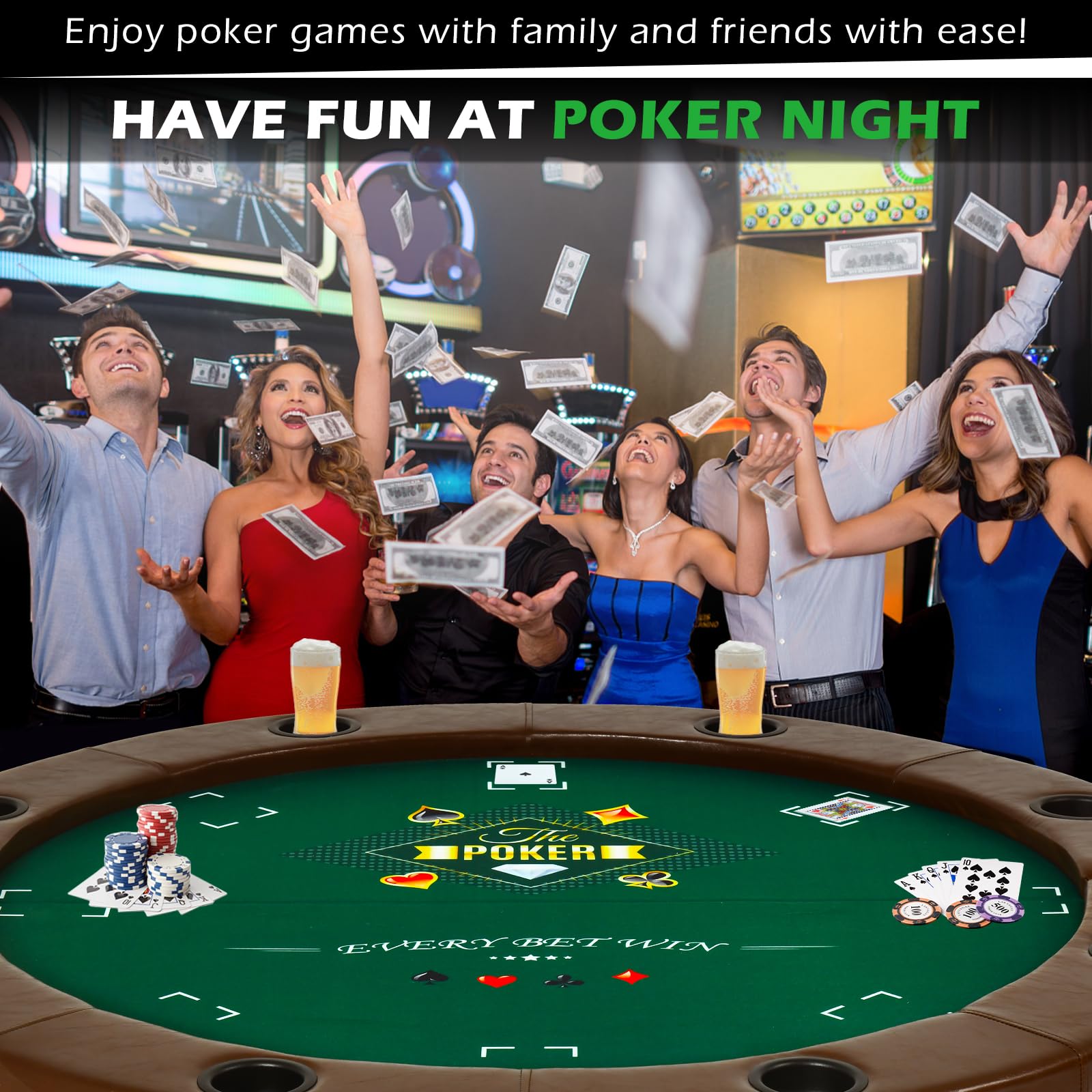 Foldable Round Poker Table for 8 Players - Casino Style Card Game Table with Stainless Steel Cup Holders & Padded Rails - Portable Texas Holdem & Blackjack Table (Brown) | Perfect for Home Game Nights, Poker Parties & Casino-Themed Events