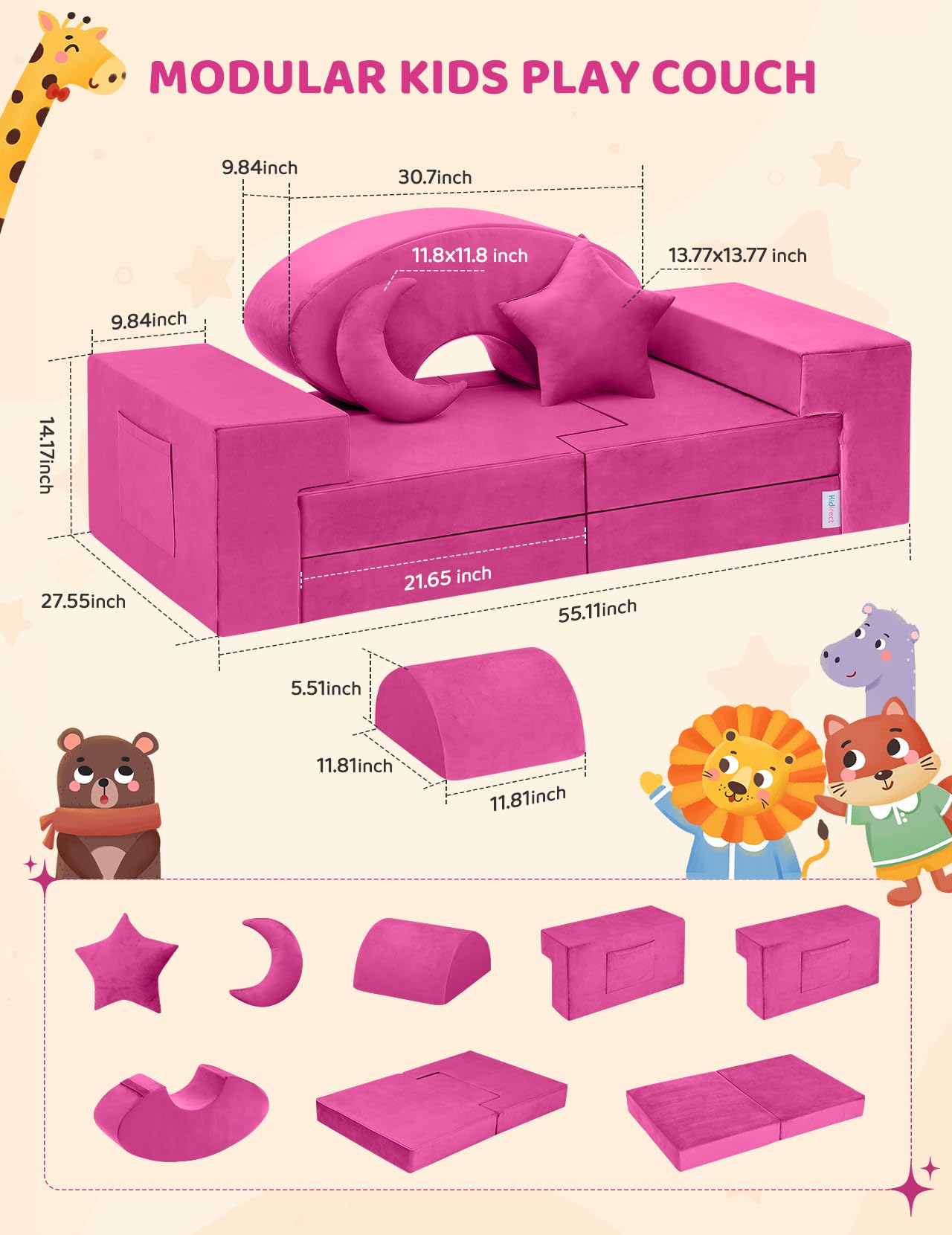 Kidirect Modular Kids Play Couch - Convertible Foam Sofa for Toddlers, Foldable DIY Building Fort & Floor Cushion for Playroom & Bedroom - Creative Play Furniture for Boys & Girls (Pink) - Perfect for Indoor Playtime, Reading Nook & Nap Space