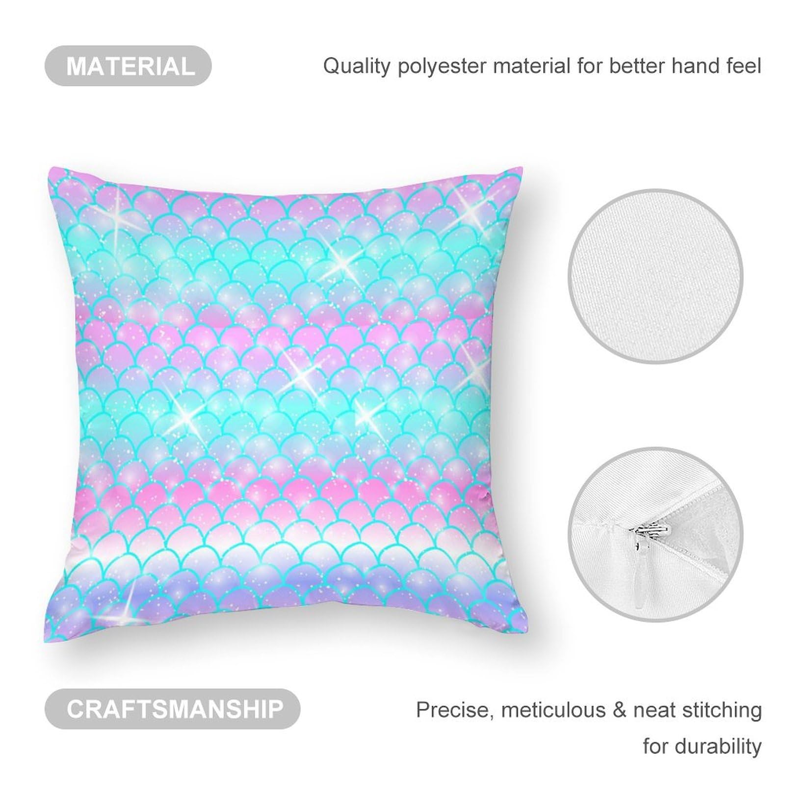 Cute Mermaid Pattern Polyester Pillow Cover - Soft & Smooth 14x14 Inch Square Cushion Case for Sofa, Bed, Dorm Decor - Kawaii Home Accessories
