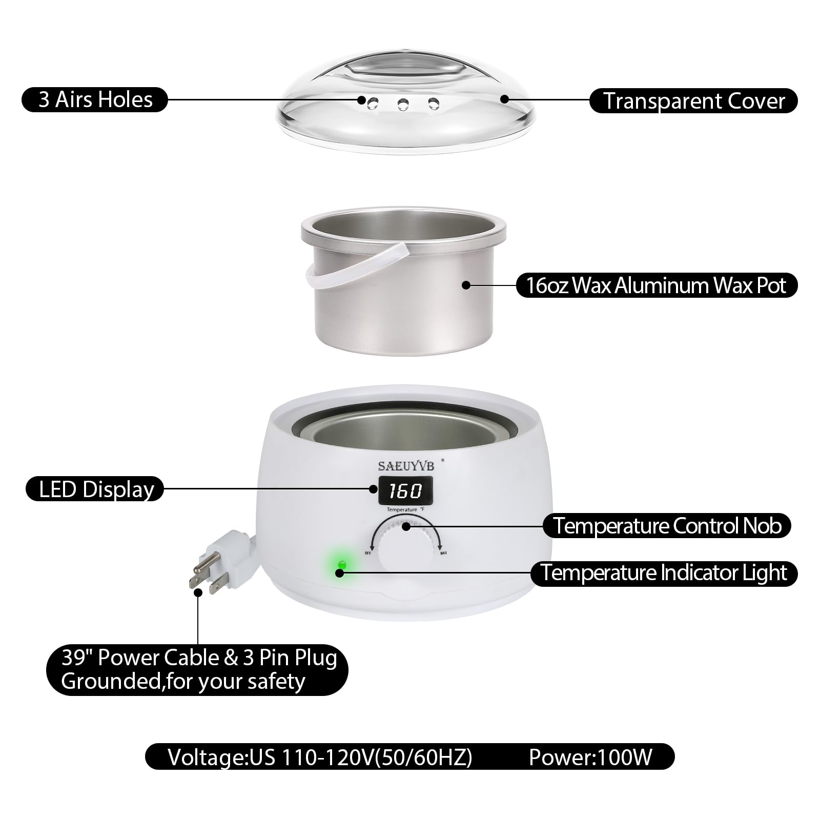 Professional SAEUYVB Digital Hair Removal Wax Warmer with Through Lid & 16oz Pot - White for Salon & Home Use - Perfect for Legs, Arms, Bikini & Facial Waxing