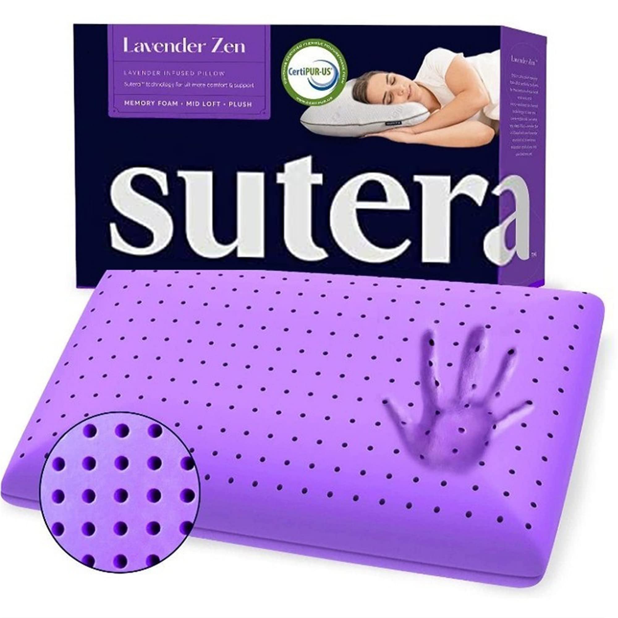 Sutera Cooling Lavender Zen Memory Foam Pillow - Lavender Oil Infused for Neck, Shoulder & Back Support - Ideal for Side, Back & Stomach Sleepers - Perfect for Hot Sleepers, Insomnia Relief & Stress Reduction - Great for Home, Travel & Office Use