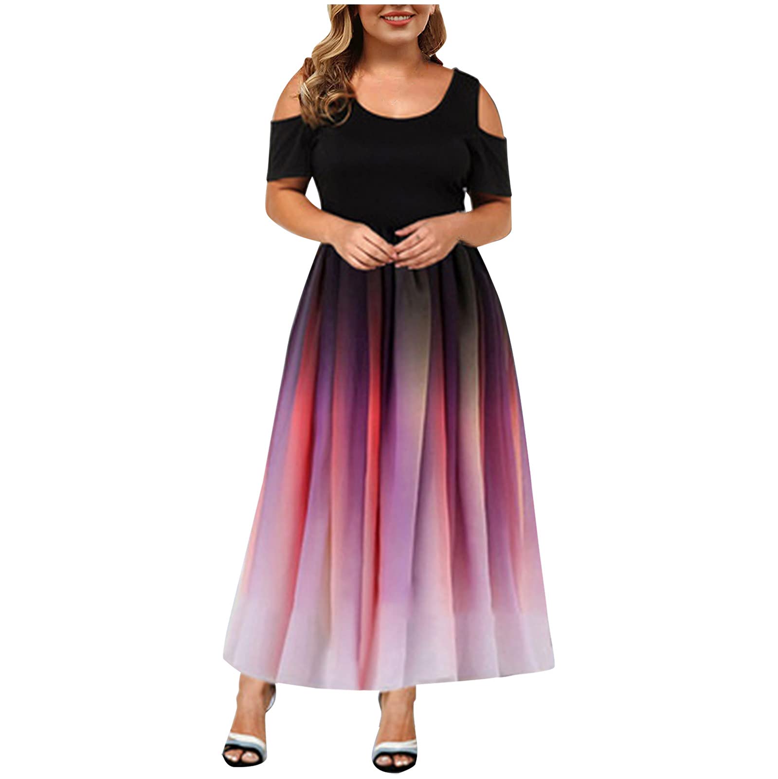 Plus Size Maxi Dress for Wedding Guest - Women's Tie Dye Lace Cold Shoulder Short Sleeve Long Dress | Elegant Summer Formal Attire for Beach Weddings, Garden Parties & Special Occasions