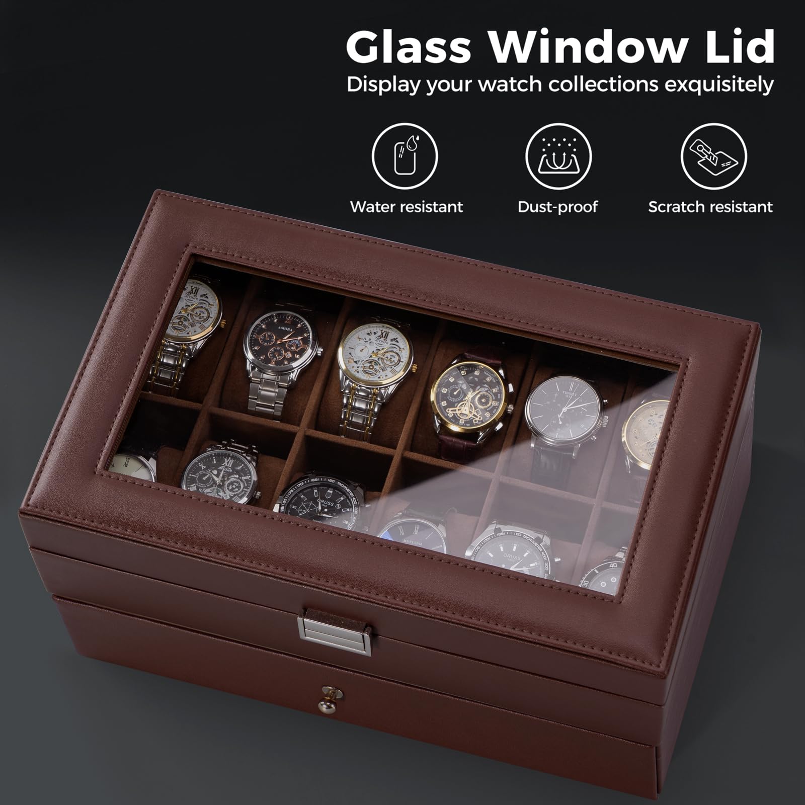 ProCase 12-Slot Watch Box for Men & Women - 2-Layer Watch Organizer with Glass Lid & Drawer - Jewelry & Watch Storage Case (Espresso) - Perfect for Watch Collectors & Gift Giving