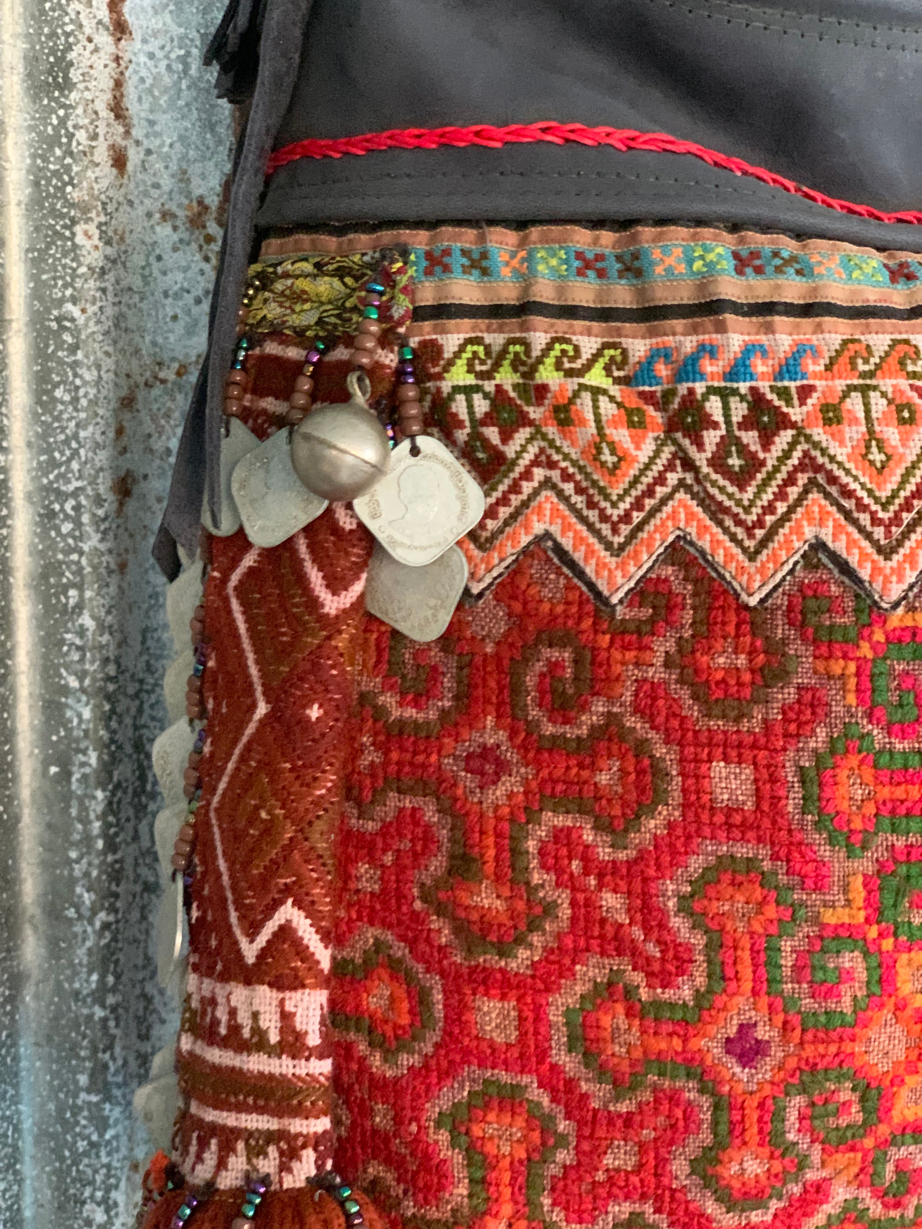 Handmade Chiang Mai Tribal Embroidery Leather Patchwork Crossbody Bag - Boho Chic Purse for Women, Festival & Travel Accessory