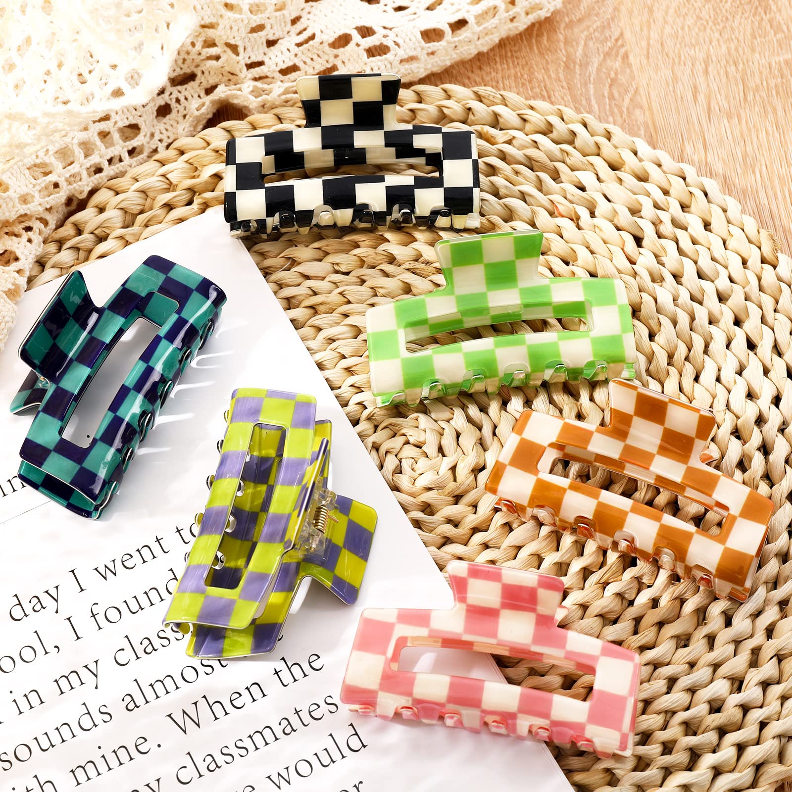 Whaline 6 Pack Checkered Hair Claw Clips - Strong Hold Rectangle Hair Clips for Women & Girls (Multicolor Plaid, Non-Slip Grip) - Perfect for Thin & Thick Hair Styling - Great for School, Work, Parties & Everyday Use