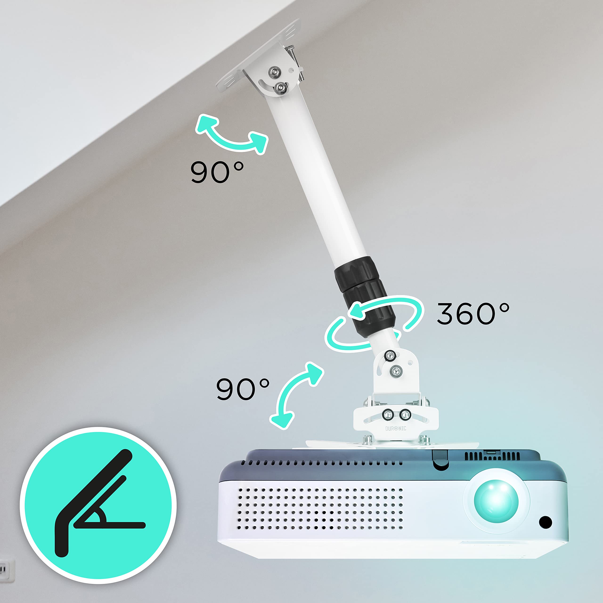 Heavy Duty Duronic PB06XL Universal Projector Mount Stand - 13.6kg Capacity, Adjustable Ceiling & Wall Bracket with Tilt Swivel Rotation - White | Perfect for Home Theater, Office Presentations & Classroom Projector Installation