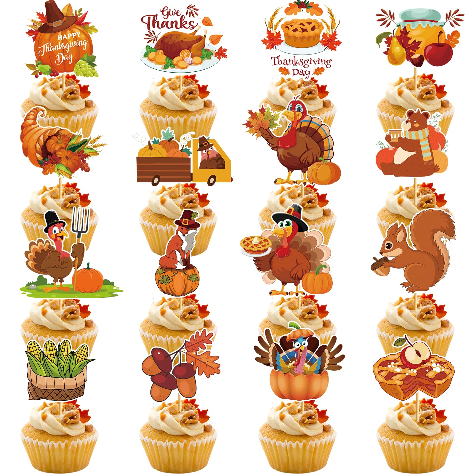 32Pcs Thanksgiving Cupcake Toppers - Turkey & Friendsgiving Themed Decorations for Holiday Parties, Dessert Table Decor, DIY Baking Supplies | Perfect for Thanksgiving, Friendsgiving, Fall Celebrations & Dessert Displays
