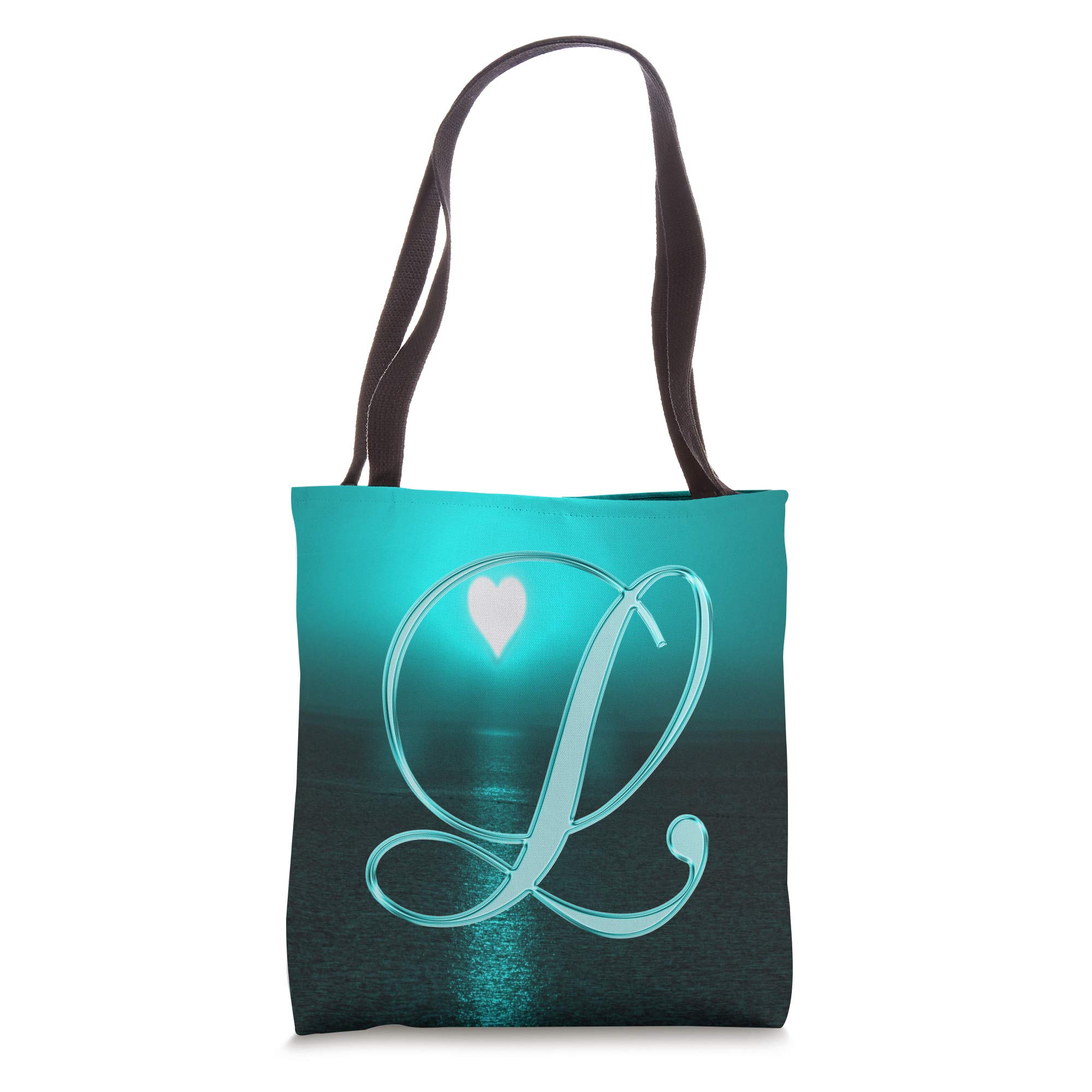 Personalized Teal Heart Beach Tote Bag with Sun & Moon Design - Custom Initial Letter Name for Women, Summer Vacation, Picnic, Shopping & Travel Accessories