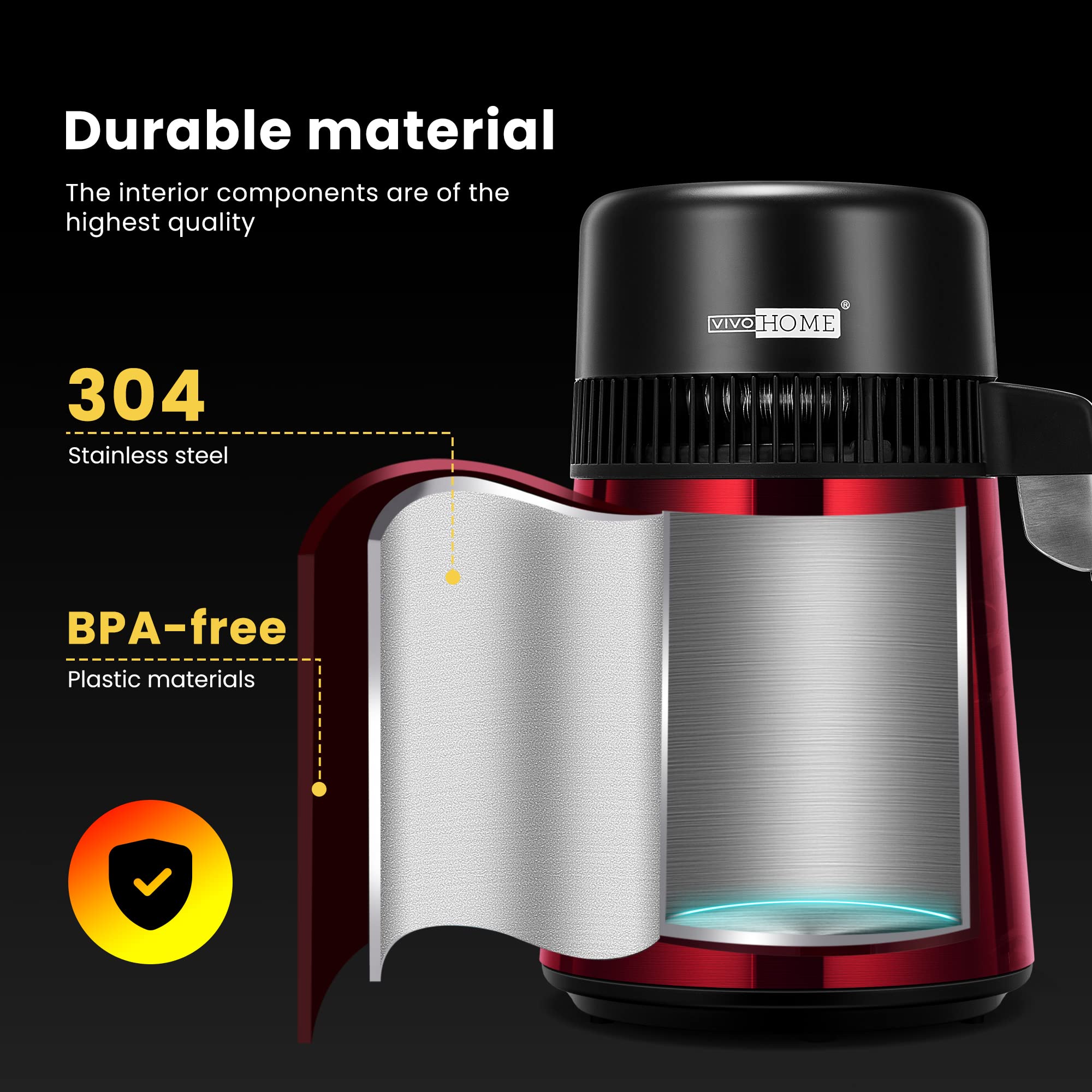 VIVOHOME 1.1 Gallon/4L Countertop Water Distiller - 304 Stainless Steel Home Distilled Water Machine with Smart Switch & Purifier Filter - Perfect for Home, Office, Baby Formula, Humidifiers & Coffee Makers (Red)
