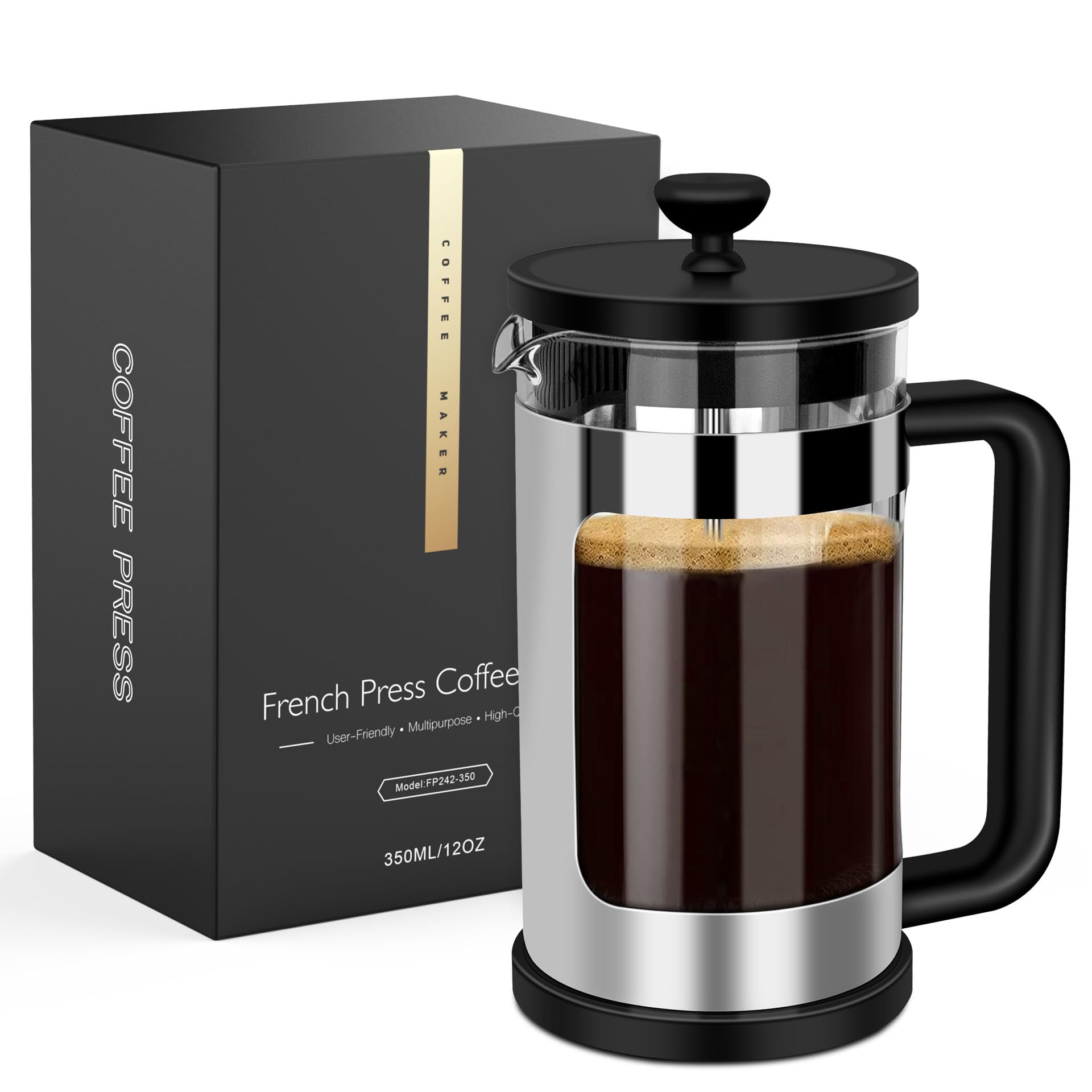 RAINBEAN 12 Oz French Press Coffee Maker - Single Serve Mini Coffee Press with 3-Stage Filtration, Heat-Resistant Borosilicate Glass - Perfect for Home, Office & Travel Coffee Brewing