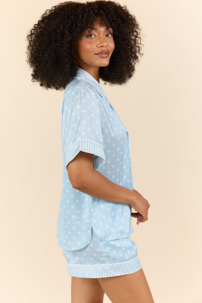 Blue Polka Dot Satin Pajama Top for Women - Soft Sleepwear & Loungewear - Comfortable Night Shirt for Relaxing at Home or Sleepovers