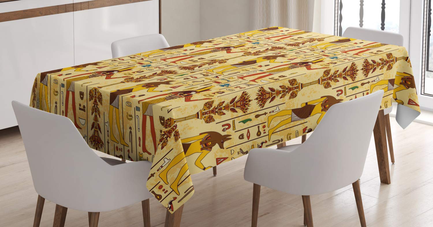 Ambesonne Egyptian Print Tablecloth - Vintage Grunge Aged Paper Style with Retro Characters & Hieroglyphs - 60x84 Inch Rectangular Dining Table Cover for Kitchen Decor | Perfect for Themed Parties, Egyptian Weddings & Home Decoration