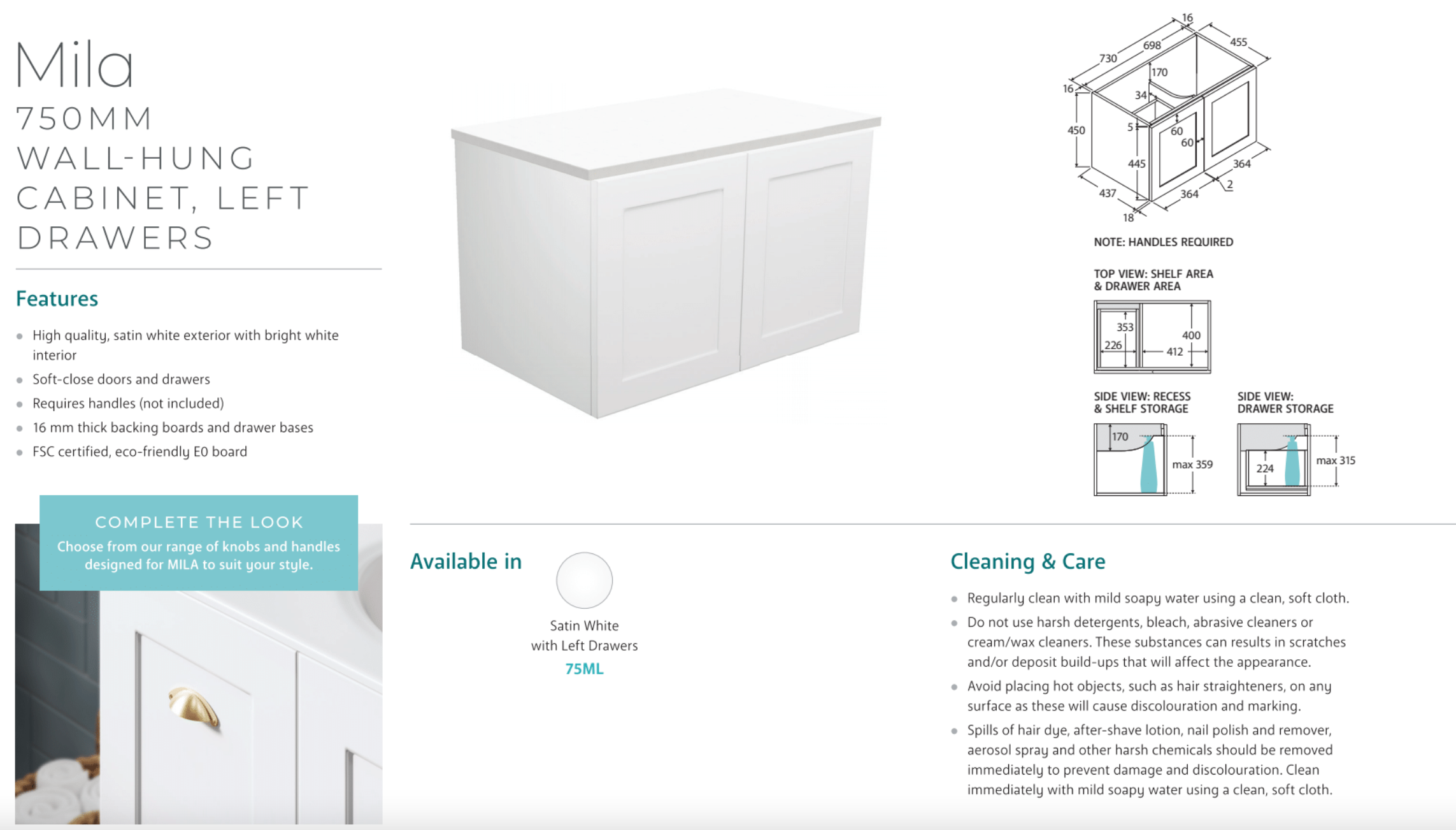 Fienza 75ML Mila 750mm Wall Mounted Bathroom Vanity with Left Drawer - Modern Space-Saving Cabinet for Small Bathrooms & Powder Rooms (Cabinet Only)