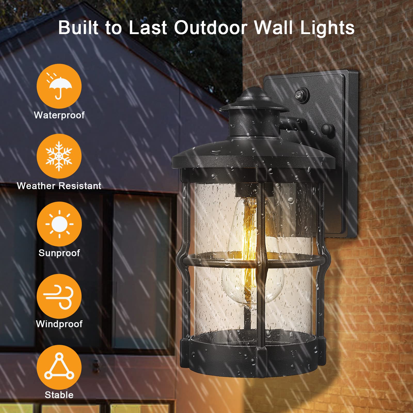 Outdoor Wall Sconces 2 Pack - Dusk to Dawn Exterior Wall Mount Lighting with Seeded Glass & Black Finish - Perfect for Porch, Patio, Garden, and Entryway Lighting