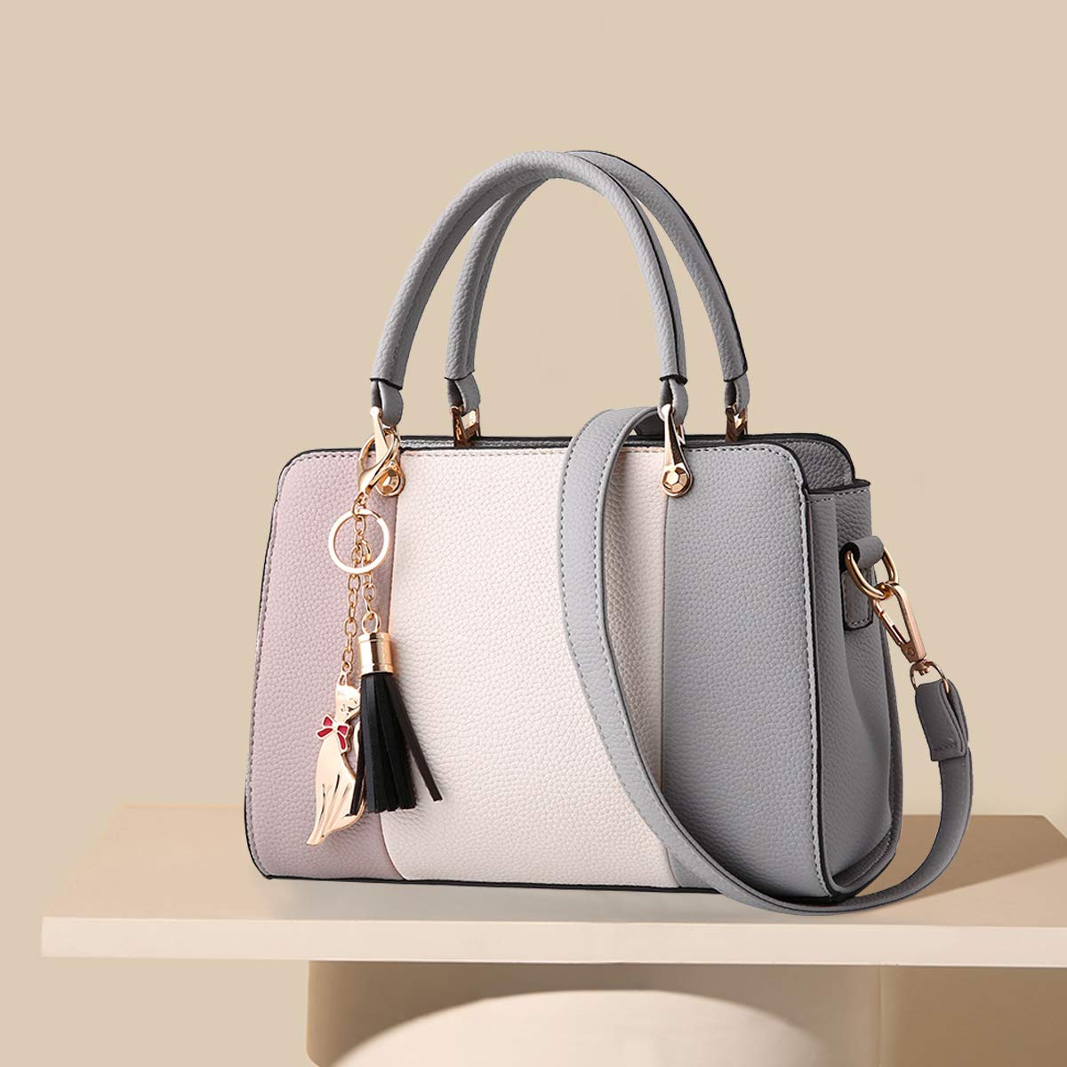NICOLE&DORIS Women's PU Leather Handbag with Tassel Pendant - Stylish Top Handle Shoulder Bag & Crossbody Tote for Ladies (Gray) | Perfect for Work, Travel, and Everyday Use