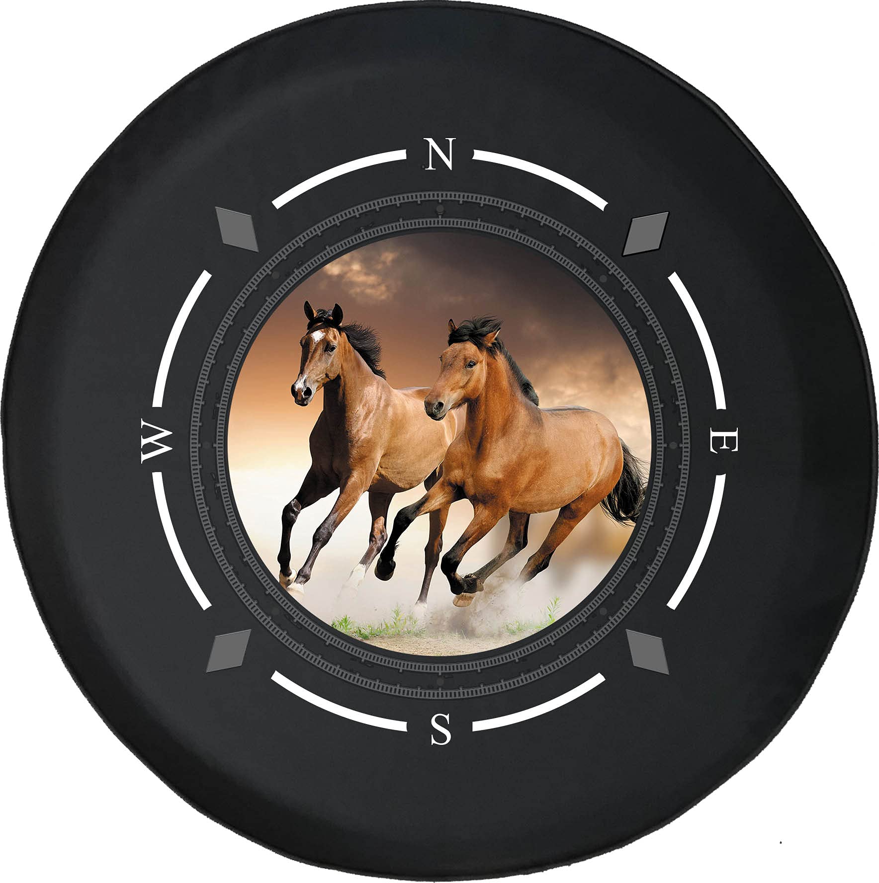 American Unlimited Spare Tire Cover with Compass Design - Galloping Brown Horse Pattern Wheel Cover for SUV, Trailer, RV & Various Vehicles | Durable & Stylish Accessory for Off-Road Adventures & Camping Trips