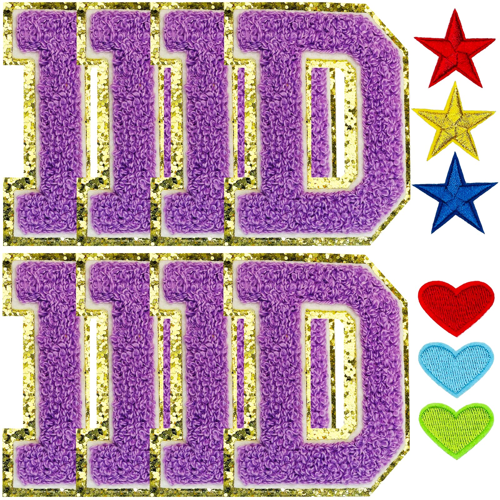8 Pcs Chenille Iron-On Letter Patches for Clothing - Varsity Style Glitter Alphabet Appliques (Purple D) - Perfect for DIY Jackets, Hats, Bags & School Spirit Crafts